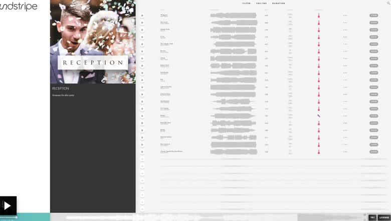 The Soundstripe library in 2017 with a curated Reception playlist tile on the left and a list of tracks with waveforms