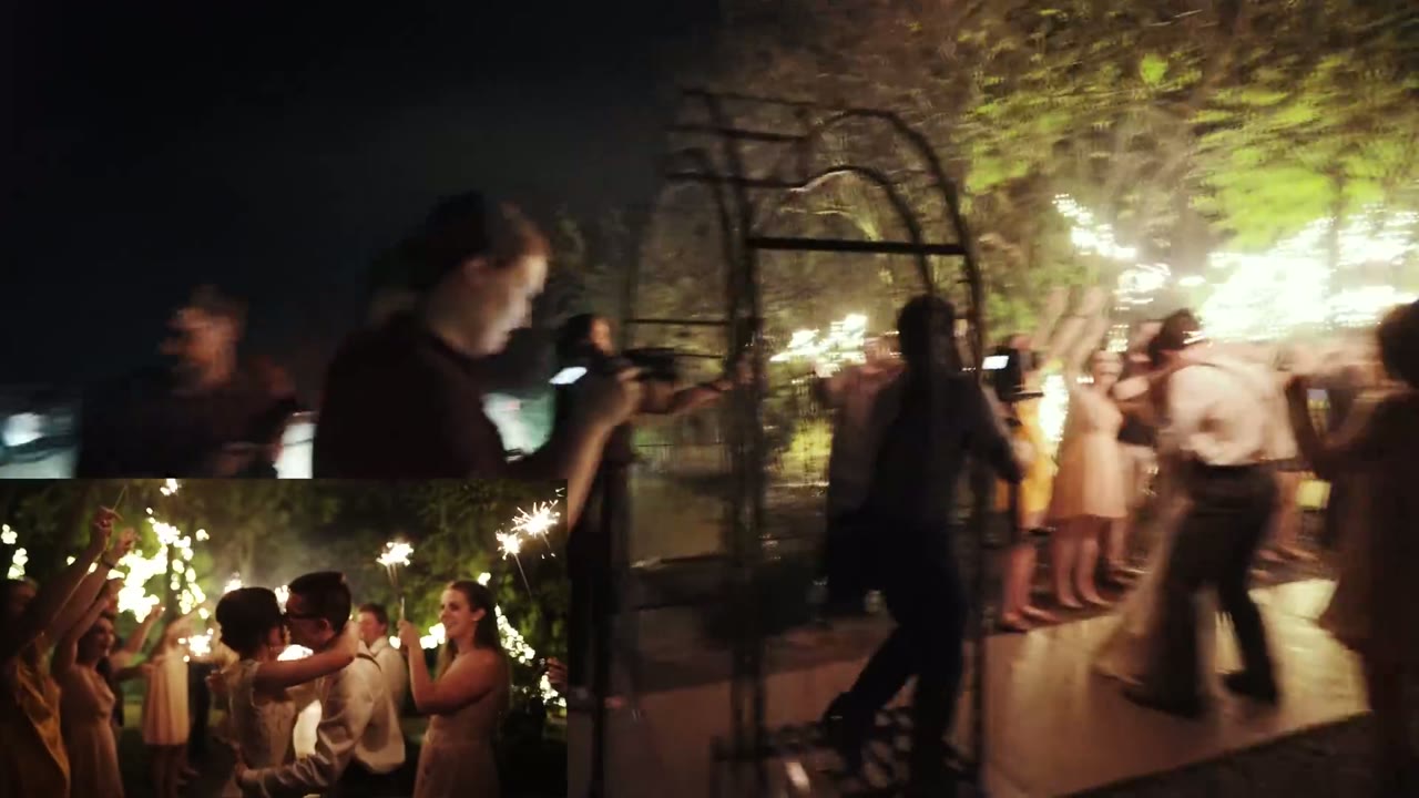 Split screen of guests holding sparklers under an iron arch at night for the couple's sparkler exit