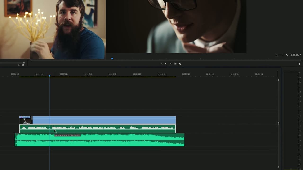 Split preview of Matt talking and a groom close-up above a timeline with dialogue and music tracks stacked