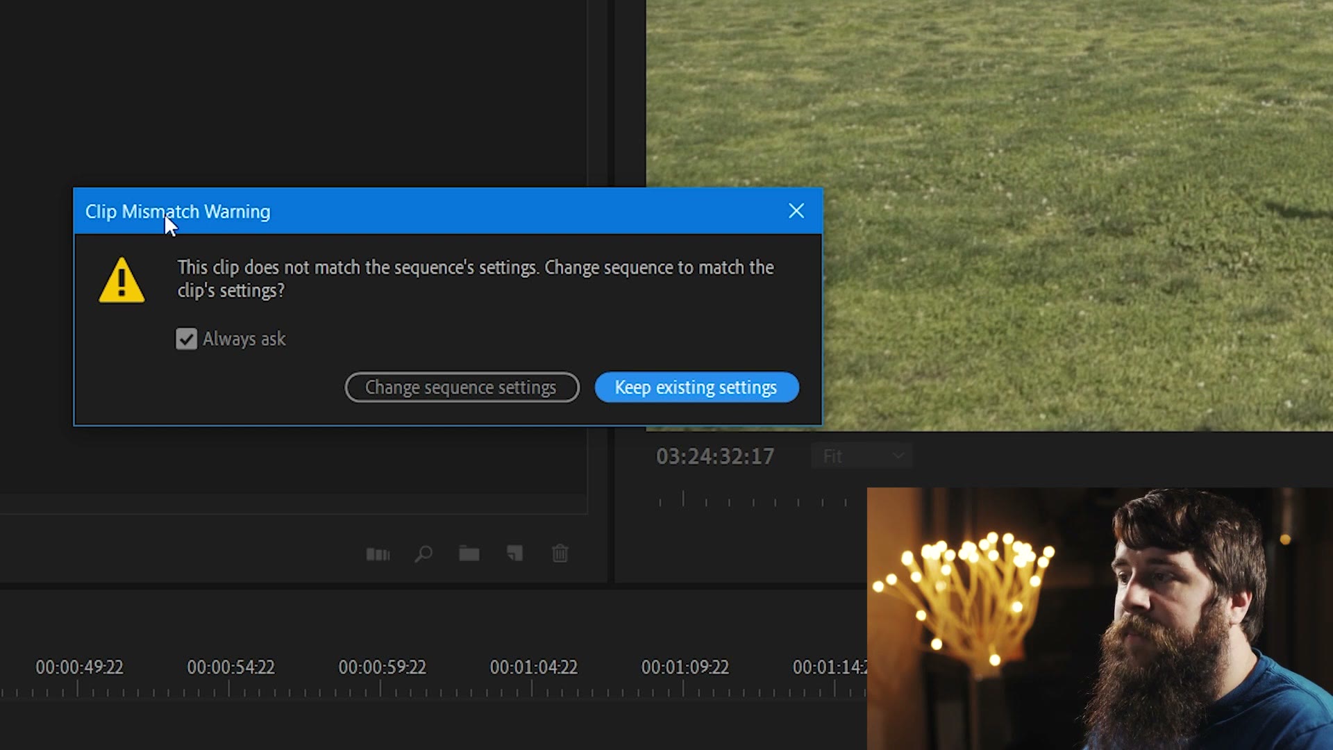 The Premiere Pro Clip Mismatch Warning dialog offering Change sequence settings or Keep existing settings.