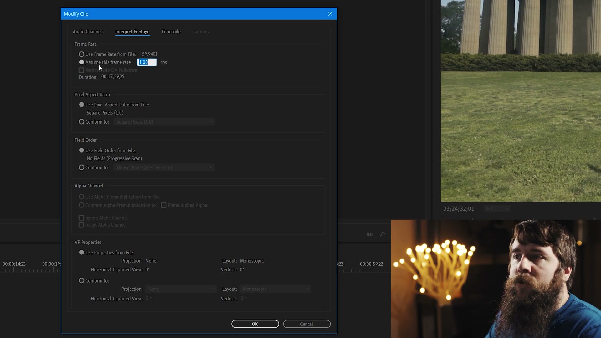 The Premiere Pro Interpret Footage dialog with Assume this frame rate selected and the frame rate field highlighted for editing.