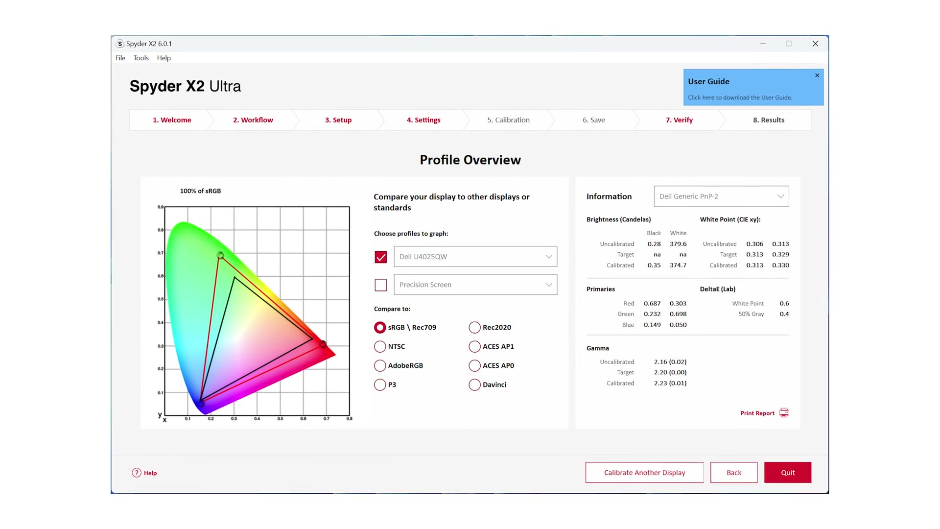 Spyder X2 Ultra calibration software showing a monitor color profile