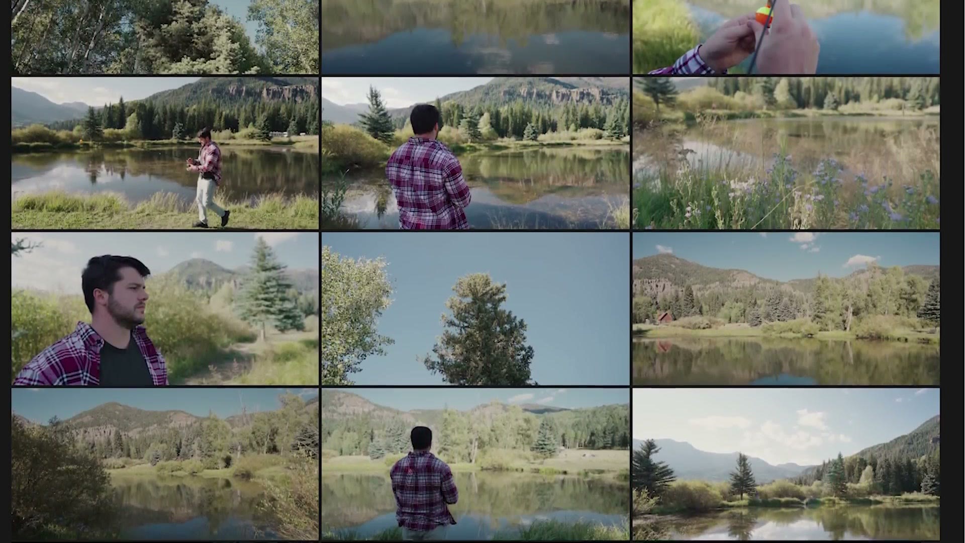 A grid of more than forty individual clips from the same fishing shoot