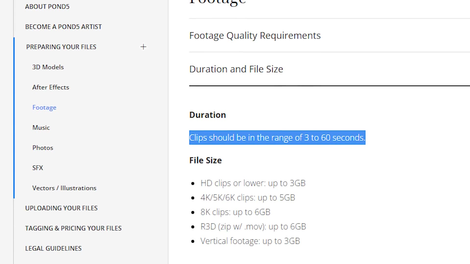 Stock site footage requirements page showing clips should be 3 to 60 seconds