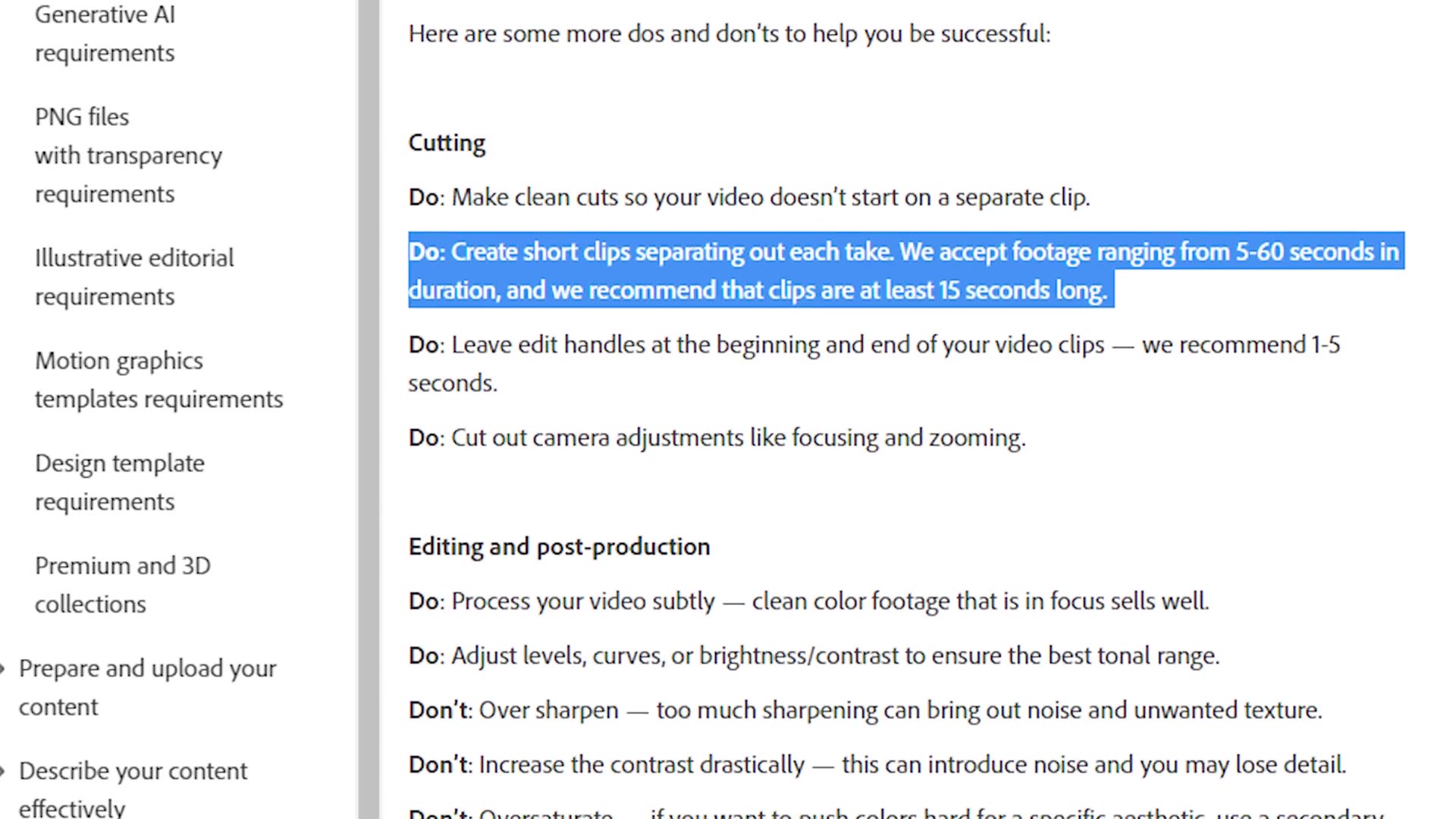 Stock site contributor guidelines recommending clips of at least 15 seconds