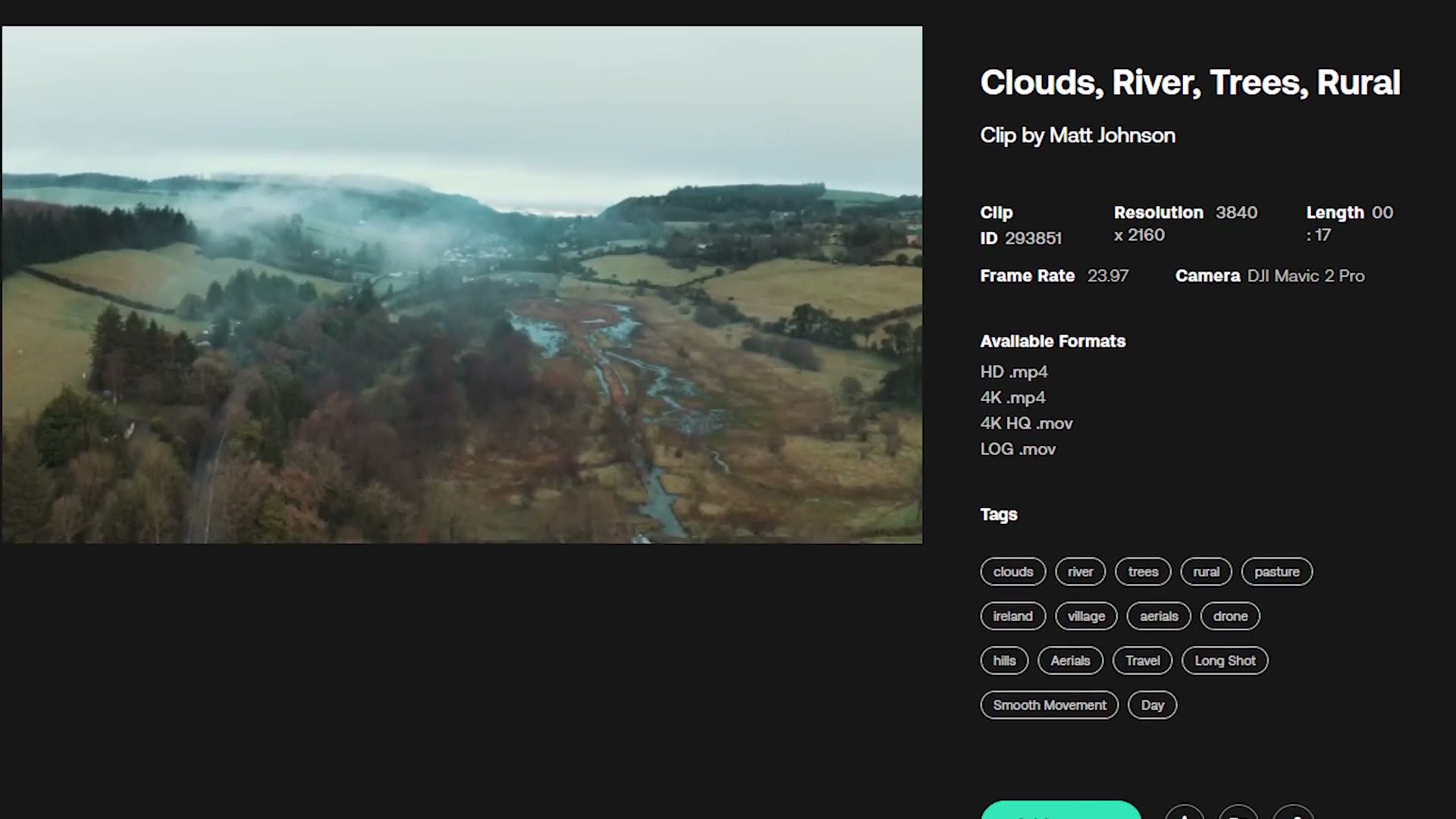 Stock footage clip page showing HD, 4K, 4K HQ and LOG available formats