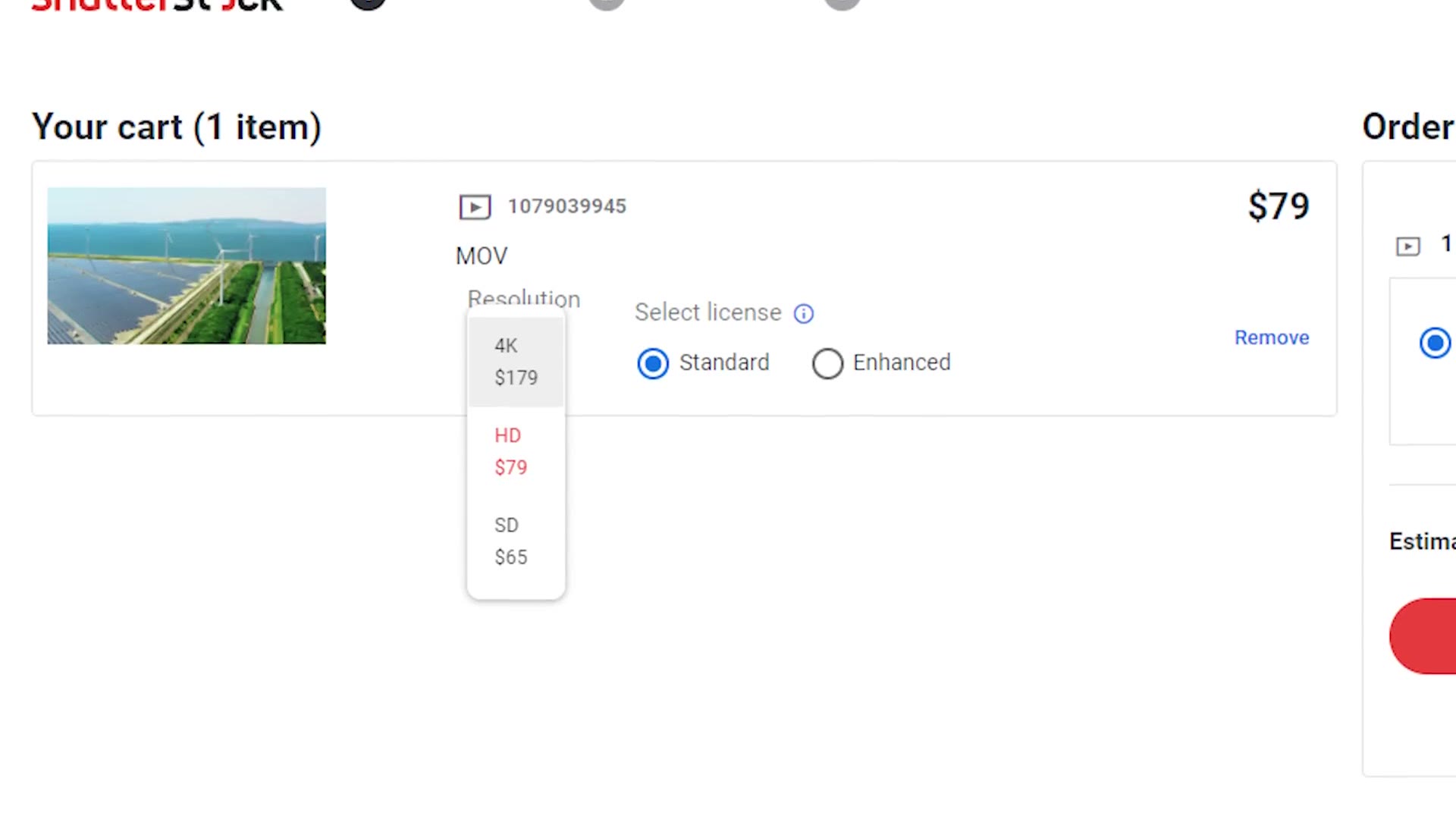 Shutterstock checkout showing separate prices for 4K, HD and SD versions of a clip