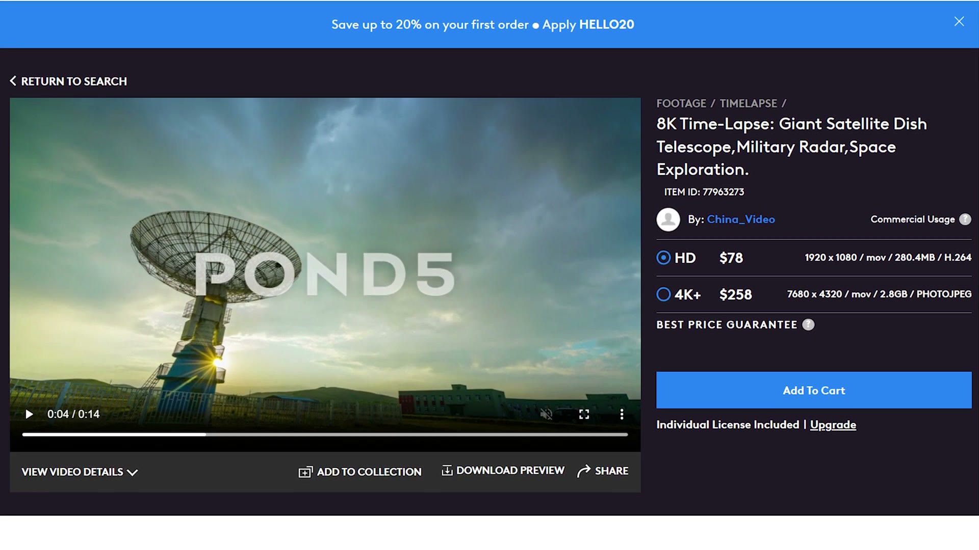 Pond5 clip page showing separate download prices for HD, 4K and 8K versions of a clip