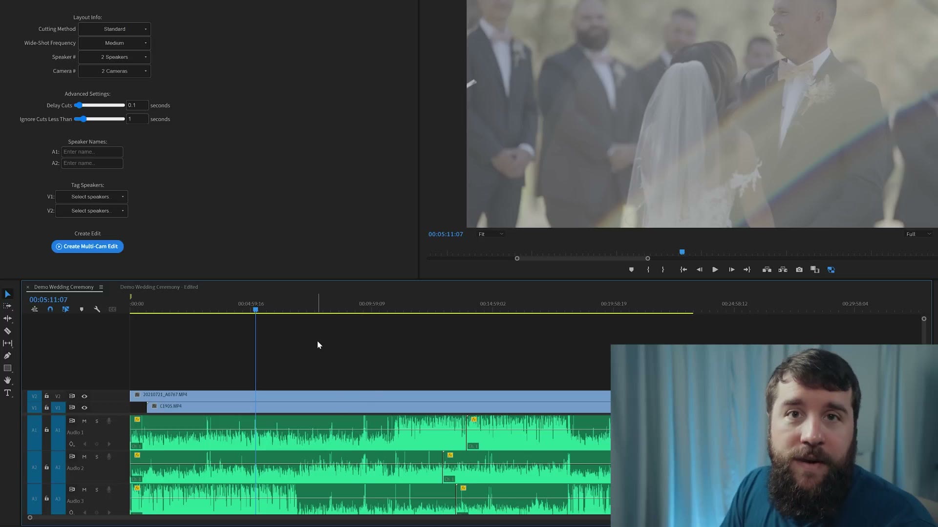 Synchronized audio waveforms lined up across three audio tracks in Premiere Pro