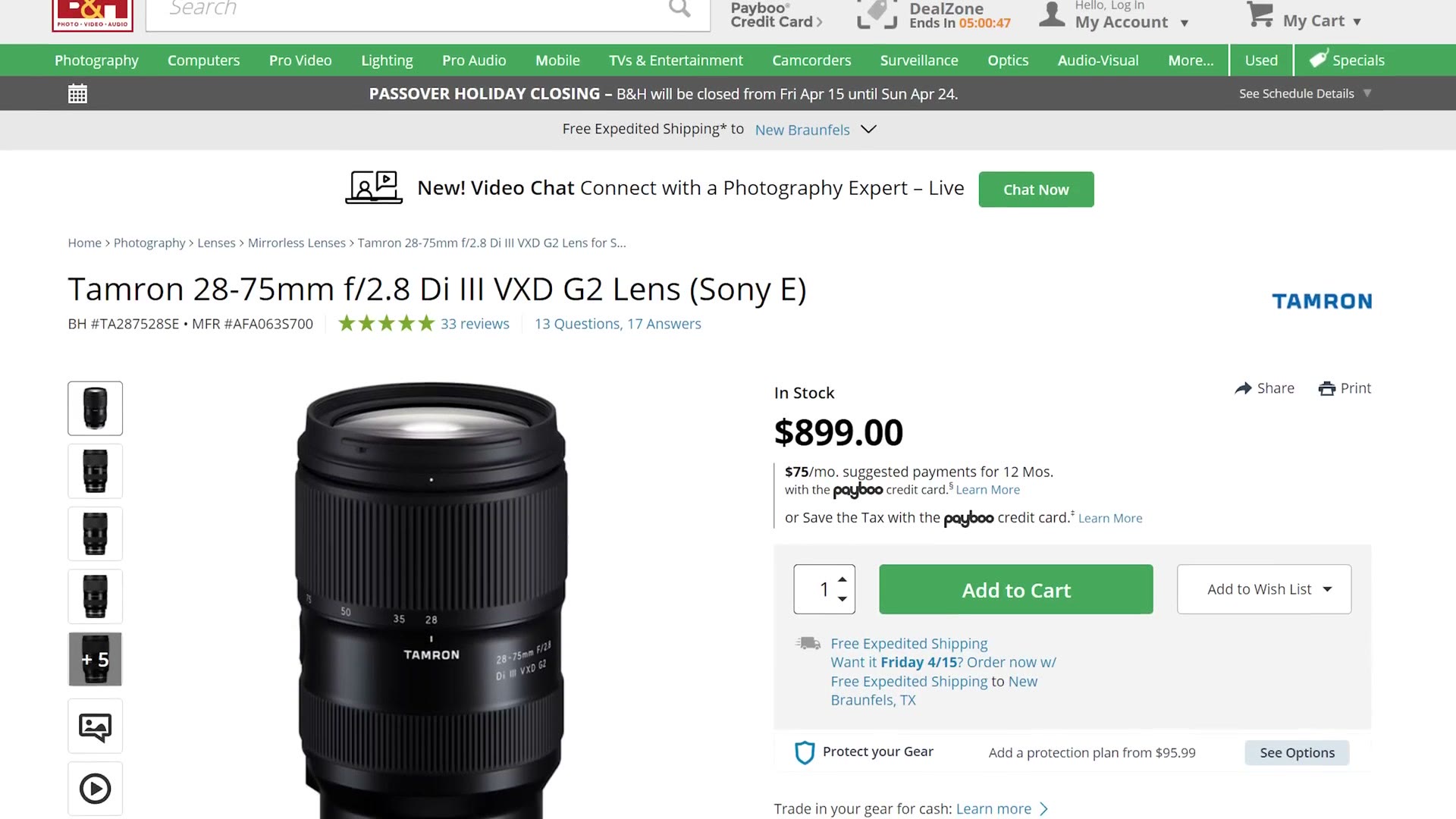 Tamron 28-75mm f/2.8 G2 product page at 899 dollars