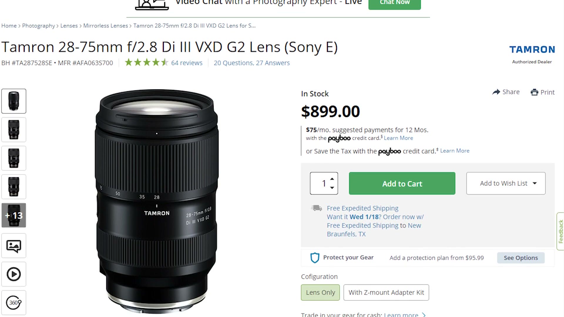 B&H product page for the Tamron 28-75mm f/2.8 Di III VXD G2 lens priced at $899