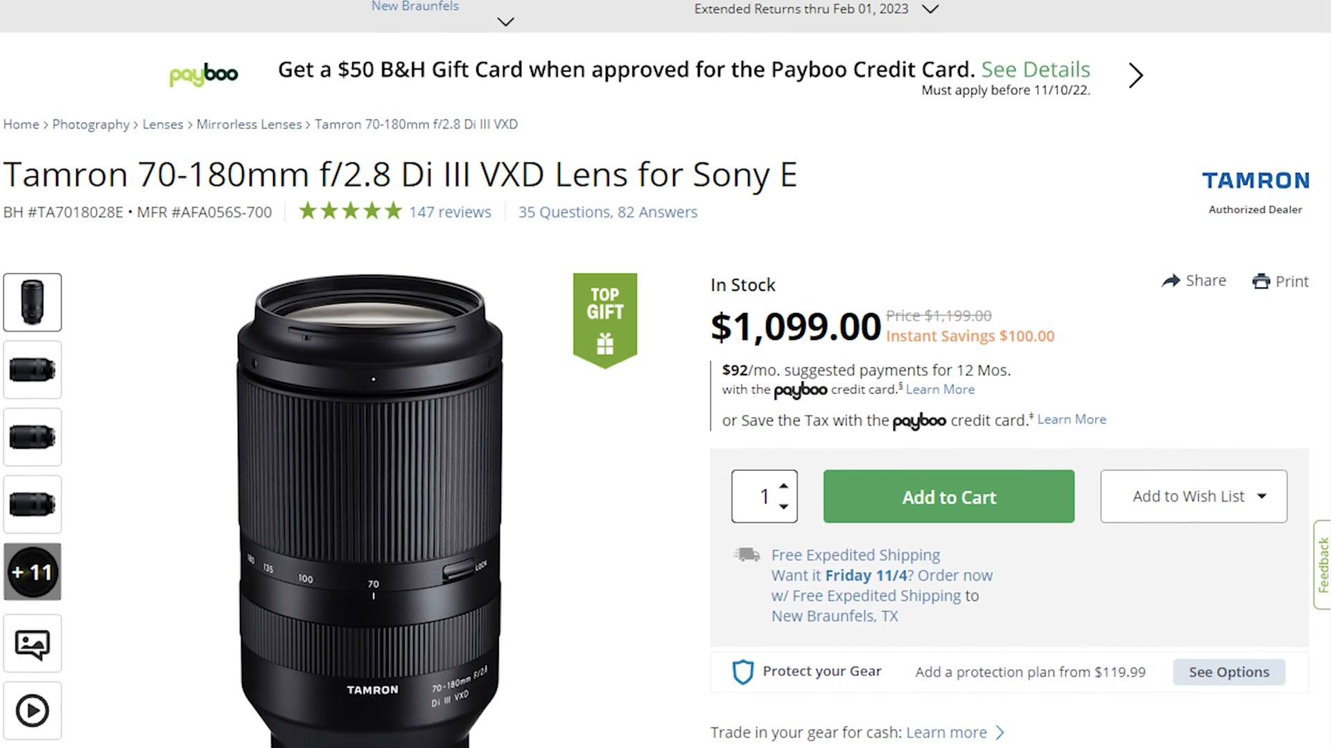 A B&H product page for the Tamron 70-180mm f/2.8 Di III VXD lens for Sony E priced at $1,099