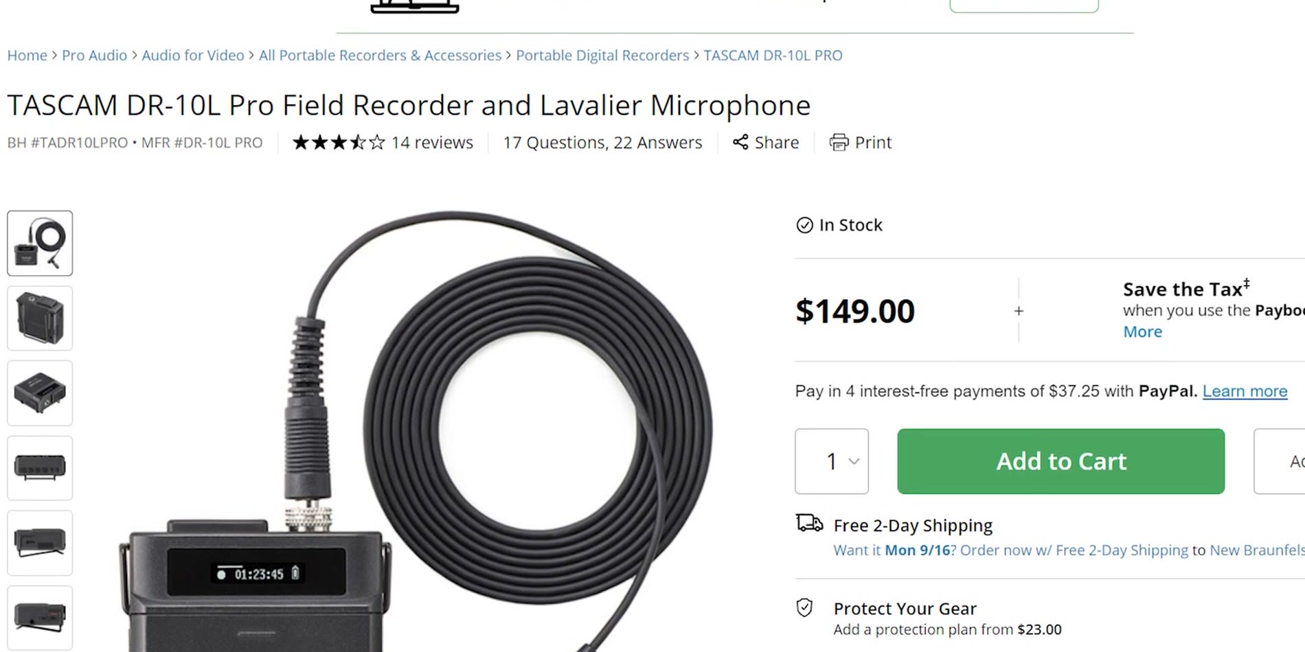 B&H product page for the Tascam DR-10L Pro field recorder and lavalier microphone at $149