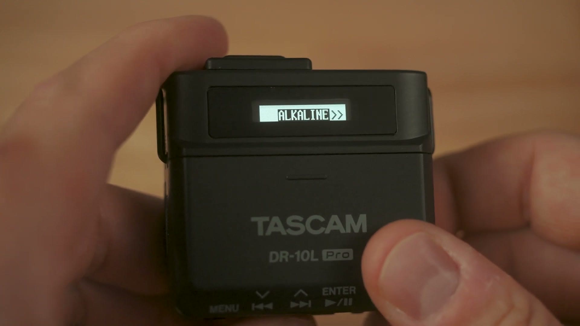 The DR-10L Pro screen showing menu 19, battery type