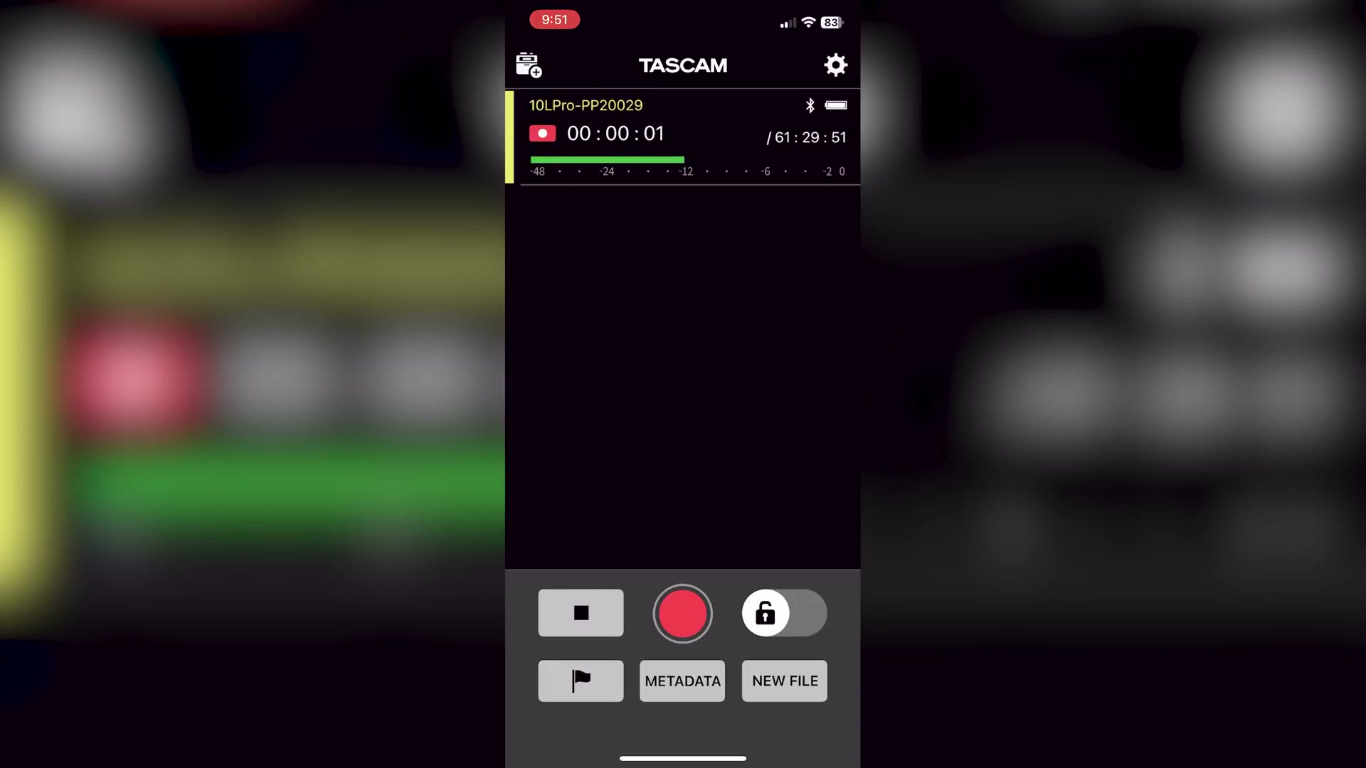 The Tascam DR-10L Pro Connect phone app showing a live audio waveform