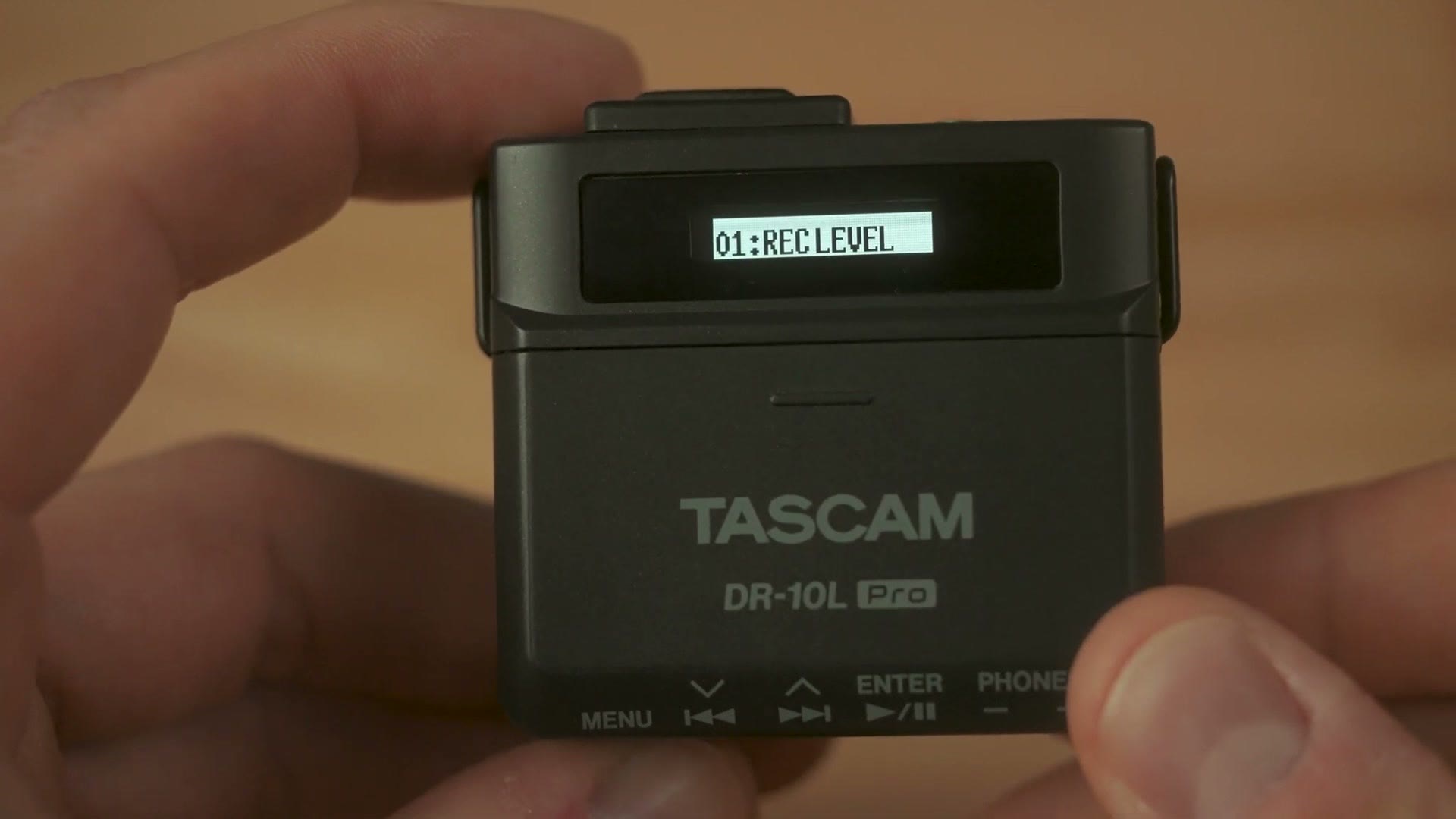 The Tascam DR-10L Pro screen showing menu 01, Rec Level