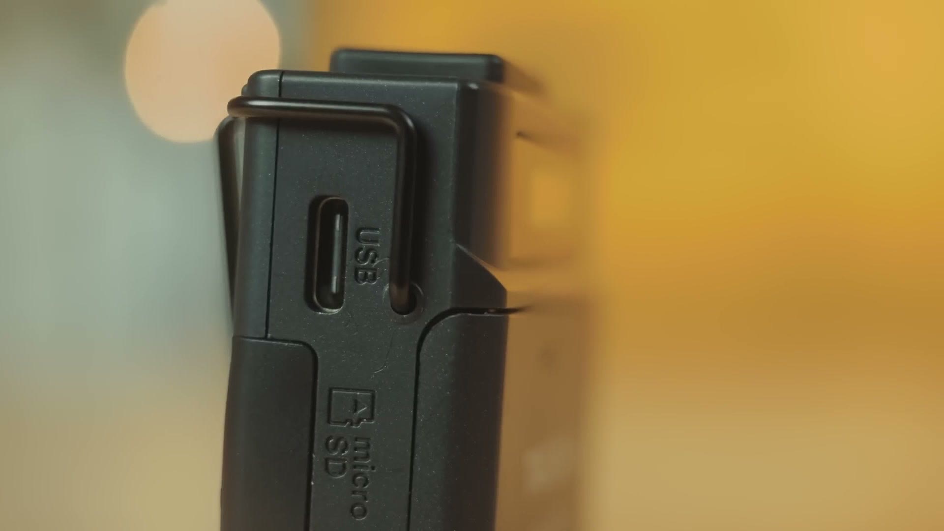 The side of the Tascam DR-10L Pro showing the USB-C port and micro SD card slot