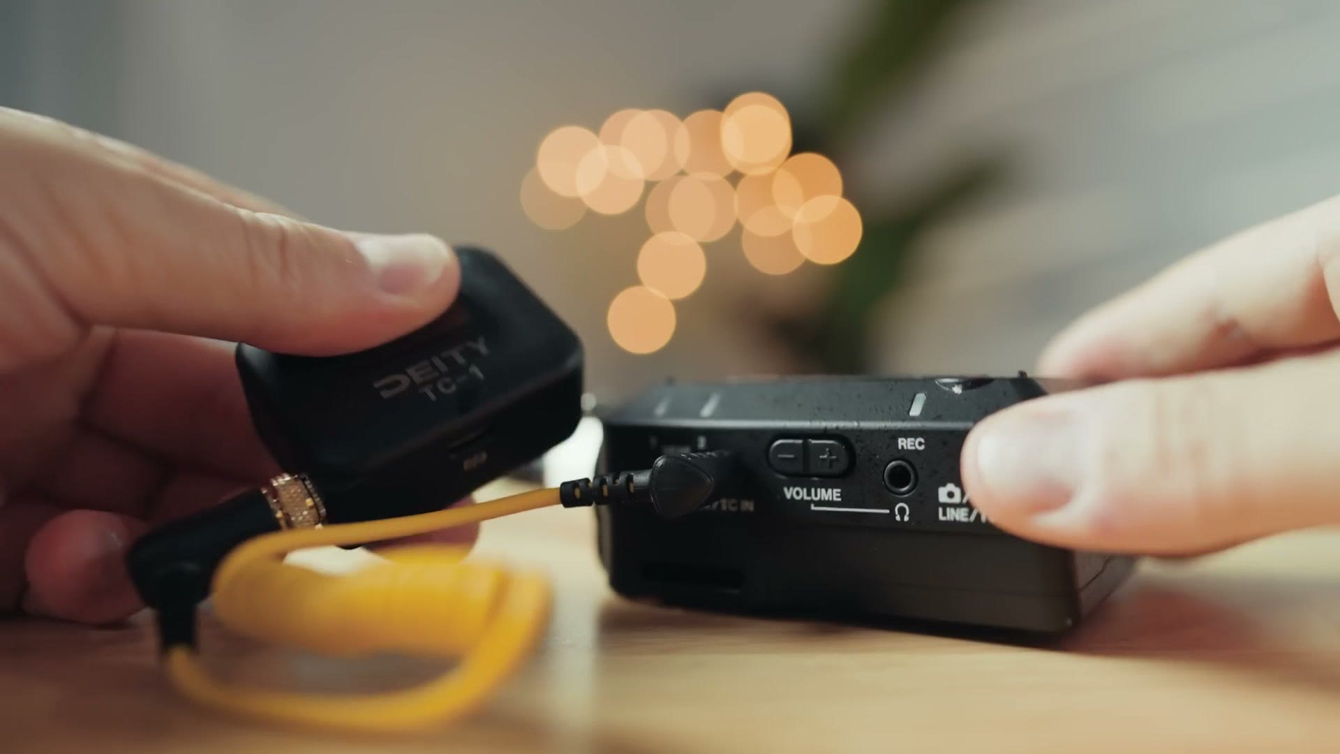 A Deity timecode generator connected to the Tascam FR-AV2's 3.5mm timecode jack