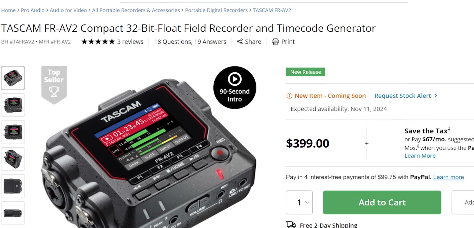 B&H product page for the Tascam FR-AV2 priced at $399