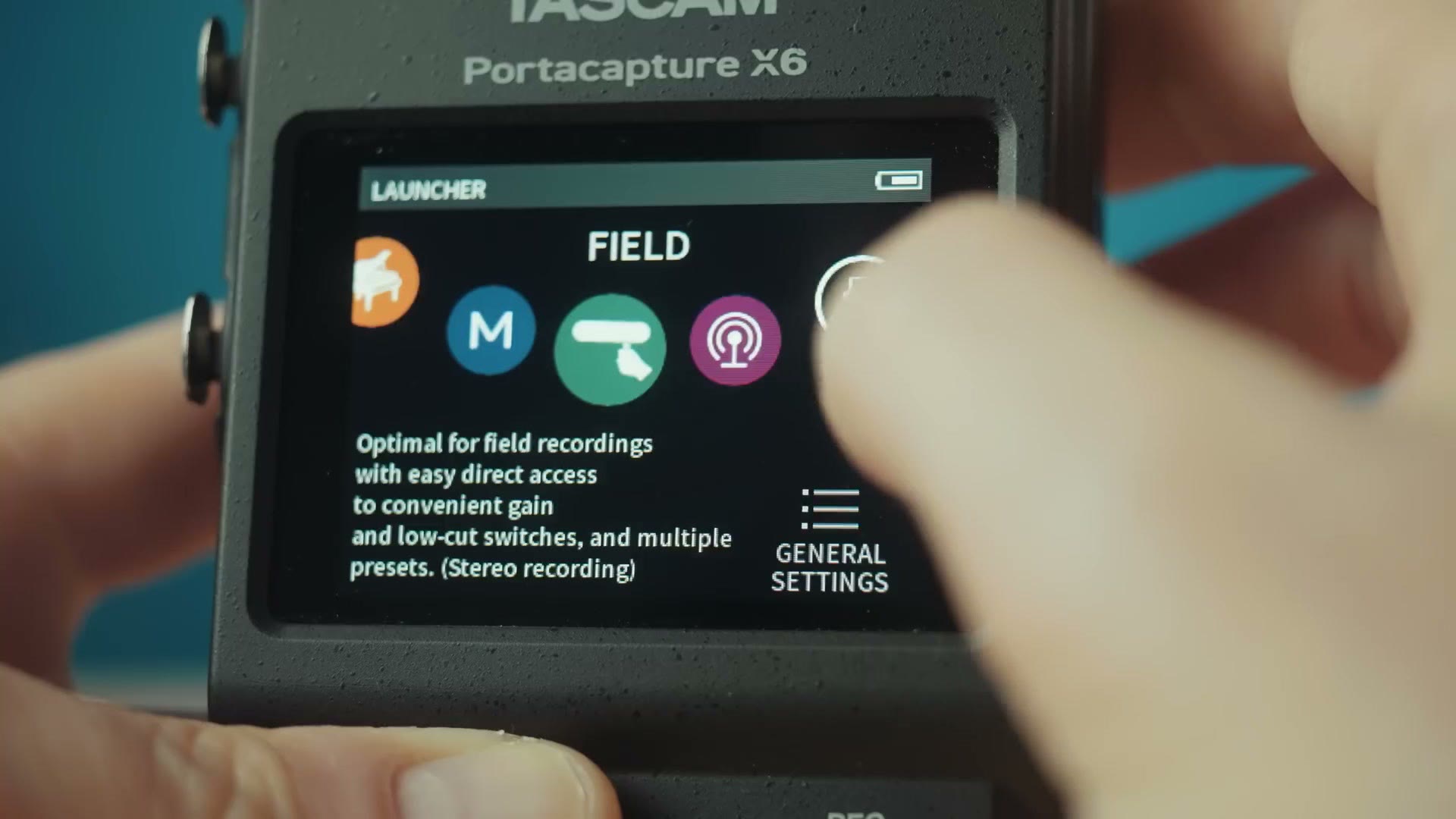 The X6 launcher screen showing the field recording preset selected