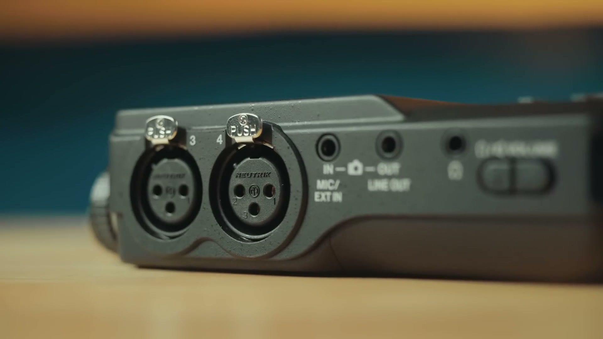Close up of the two XLR inputs on the side of the Tascam X6