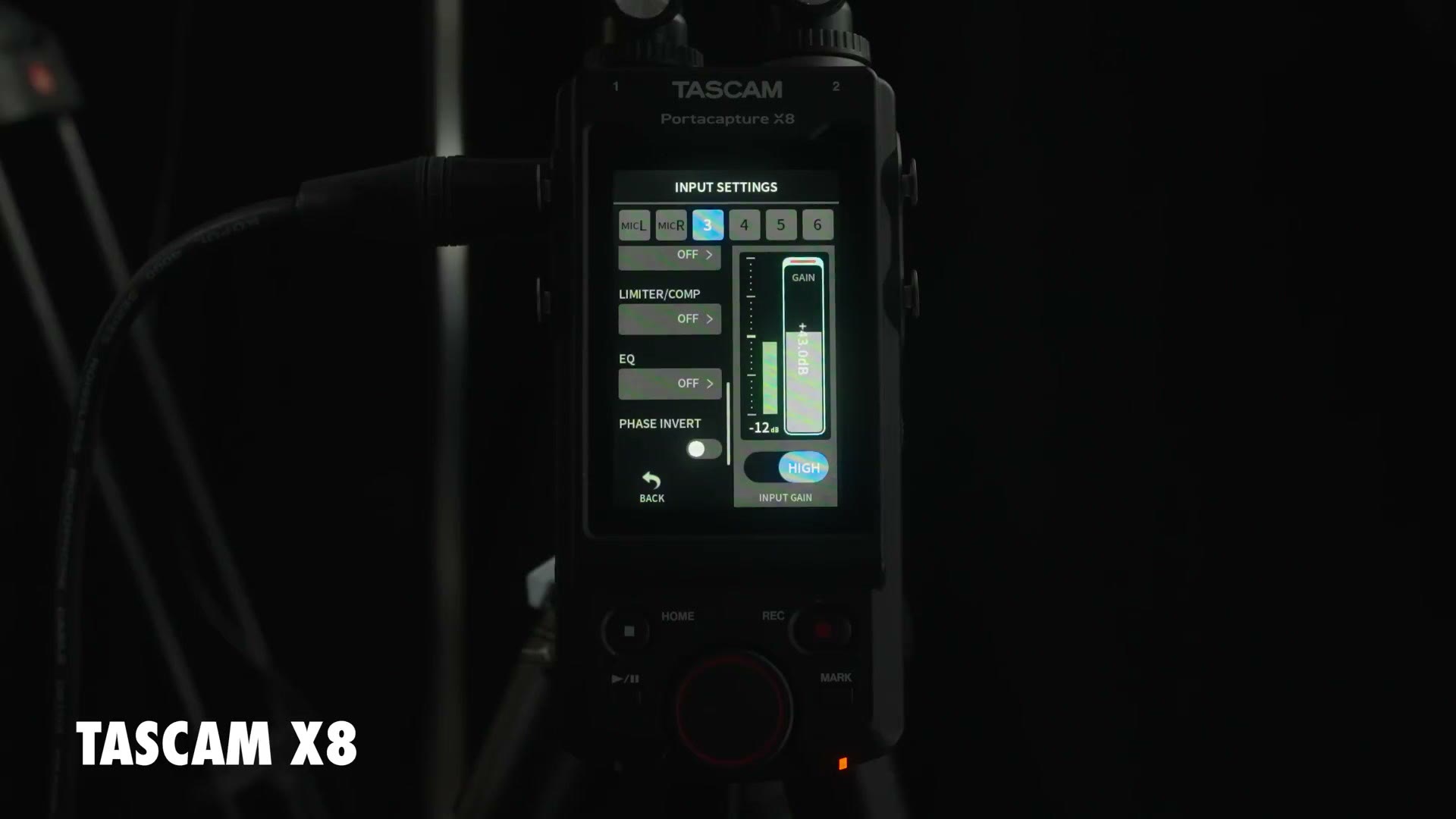 Tascam X8 input settings screen with decibel meters