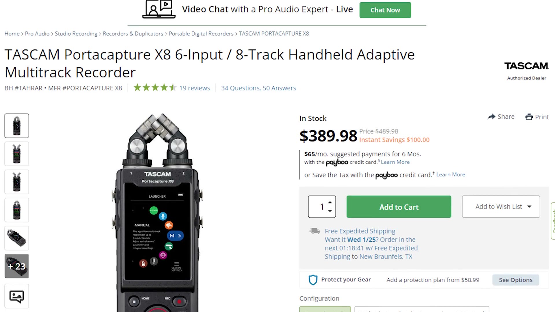 B&H product page for the Tascam Portacapture X8 at $389.98
