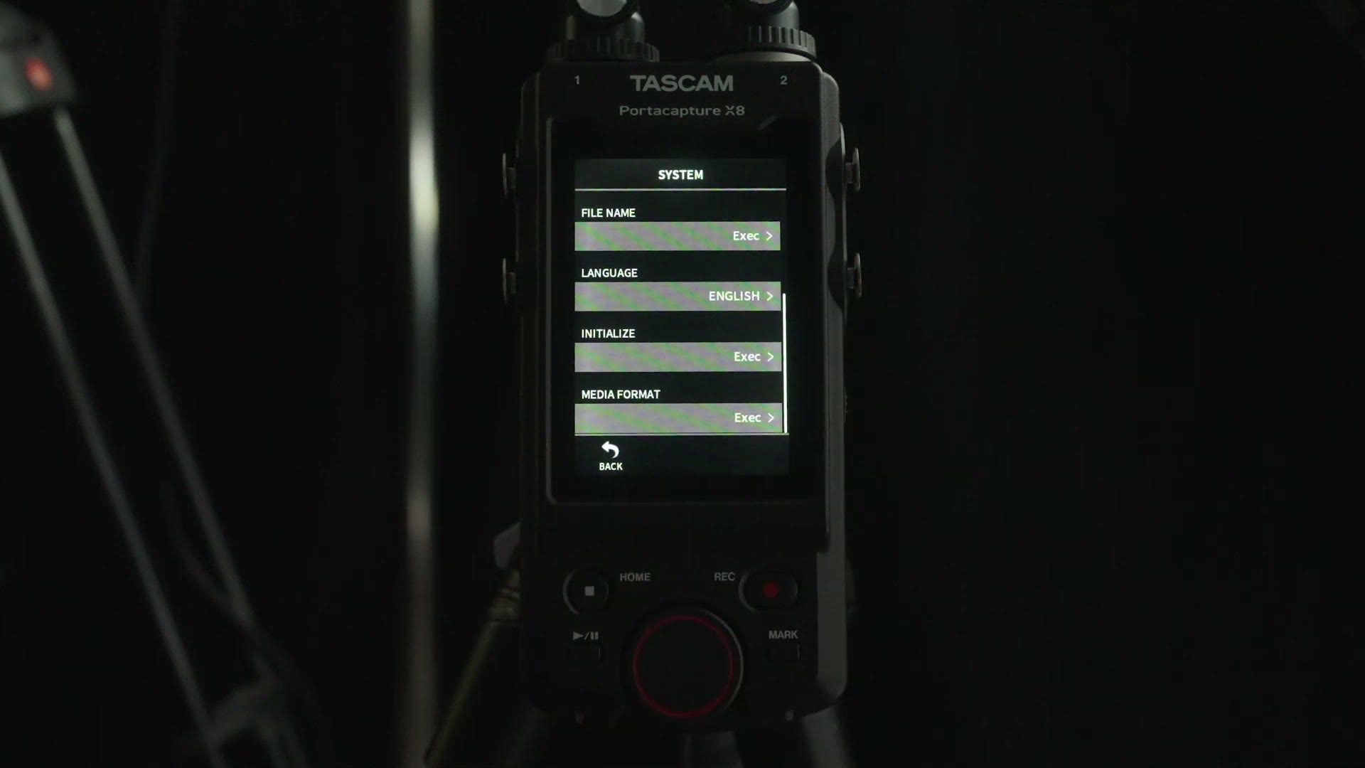 Tascam X8 system settings menu