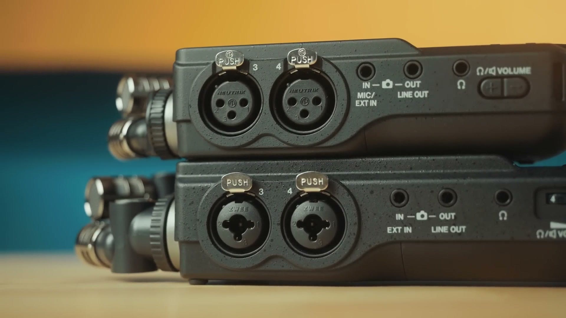 The input panels of the X8 and X6 stacked, showing the X8's combo jacks