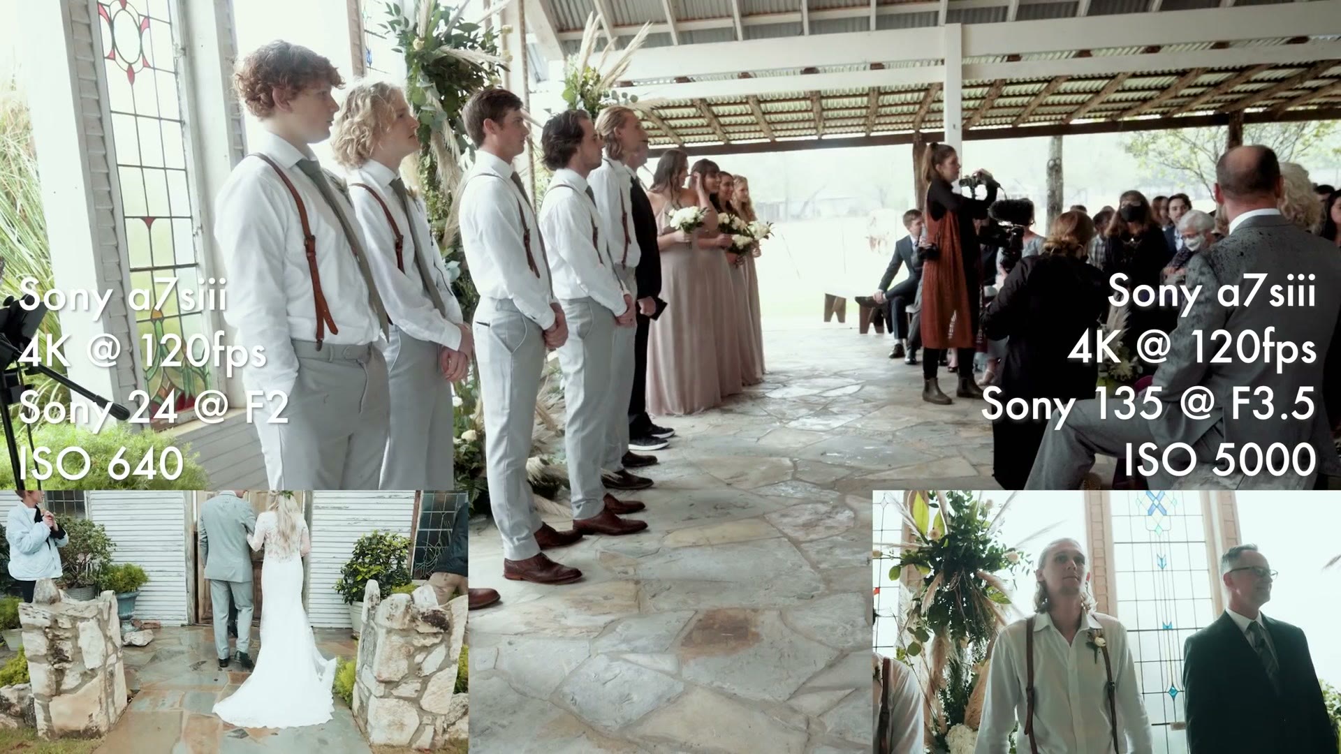 Groomsmen lined up under a covered outdoor aisle at the wedding ceremony as a videographer films from the side