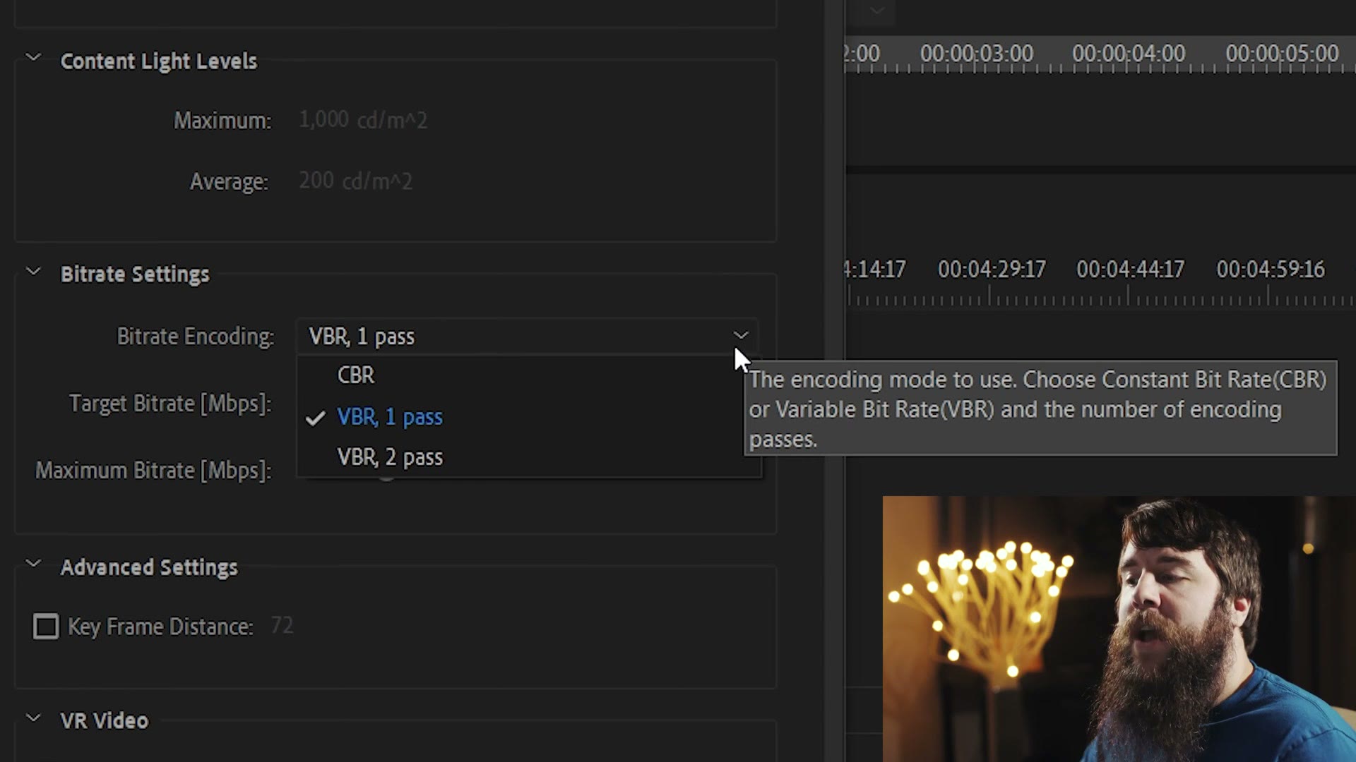 Premiere Pro's export Bitrate Settings with the Bitrate Encoding dropdown open, showing CBR, VBR 1 pass and VBR 2 pass, and a tooltip explaining the encoding mode.