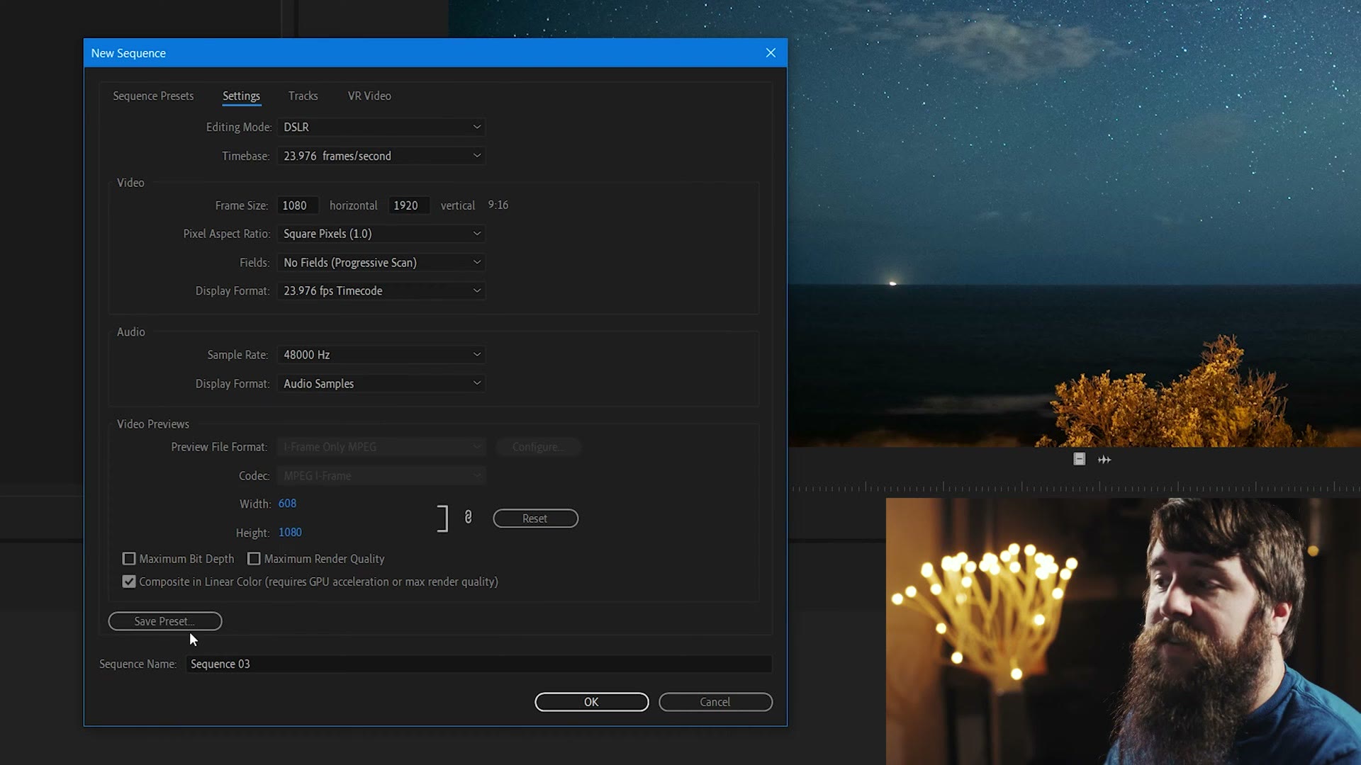 The Premiere Pro New Sequence settings tab with Frame Size set to 1080 horizontal by 1920 vertical and a timebase of 23.976 frames per second.