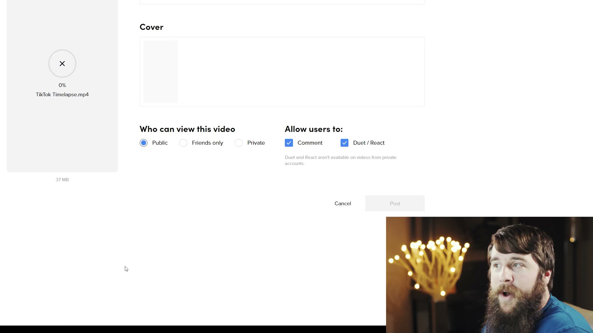 The TikTok web upload page with a file uploading, a cover selector, and privacy options for Public, Friends only and Private.