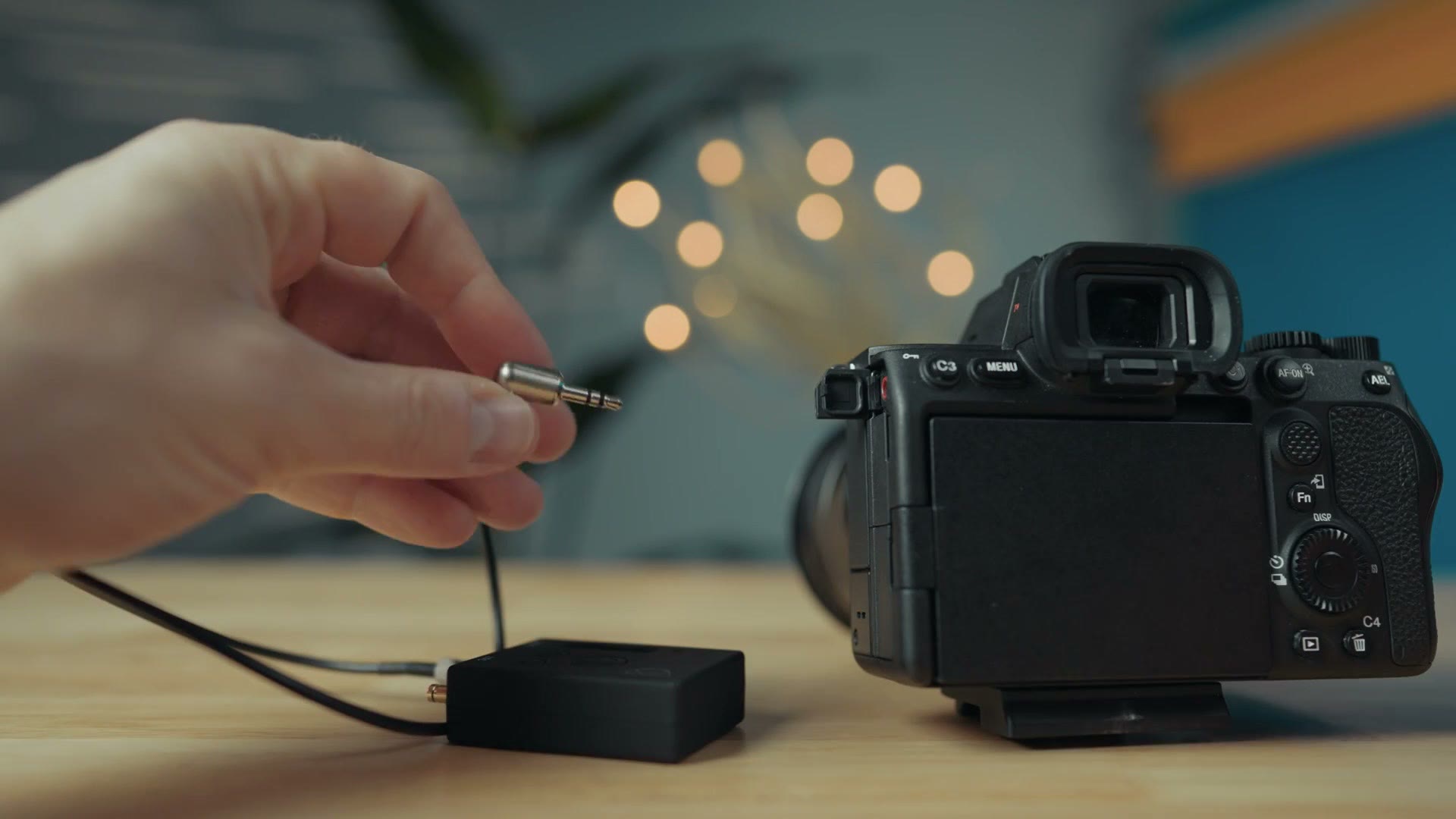 The timecode cable being plugged into the microphone jack of a Sony a7S III