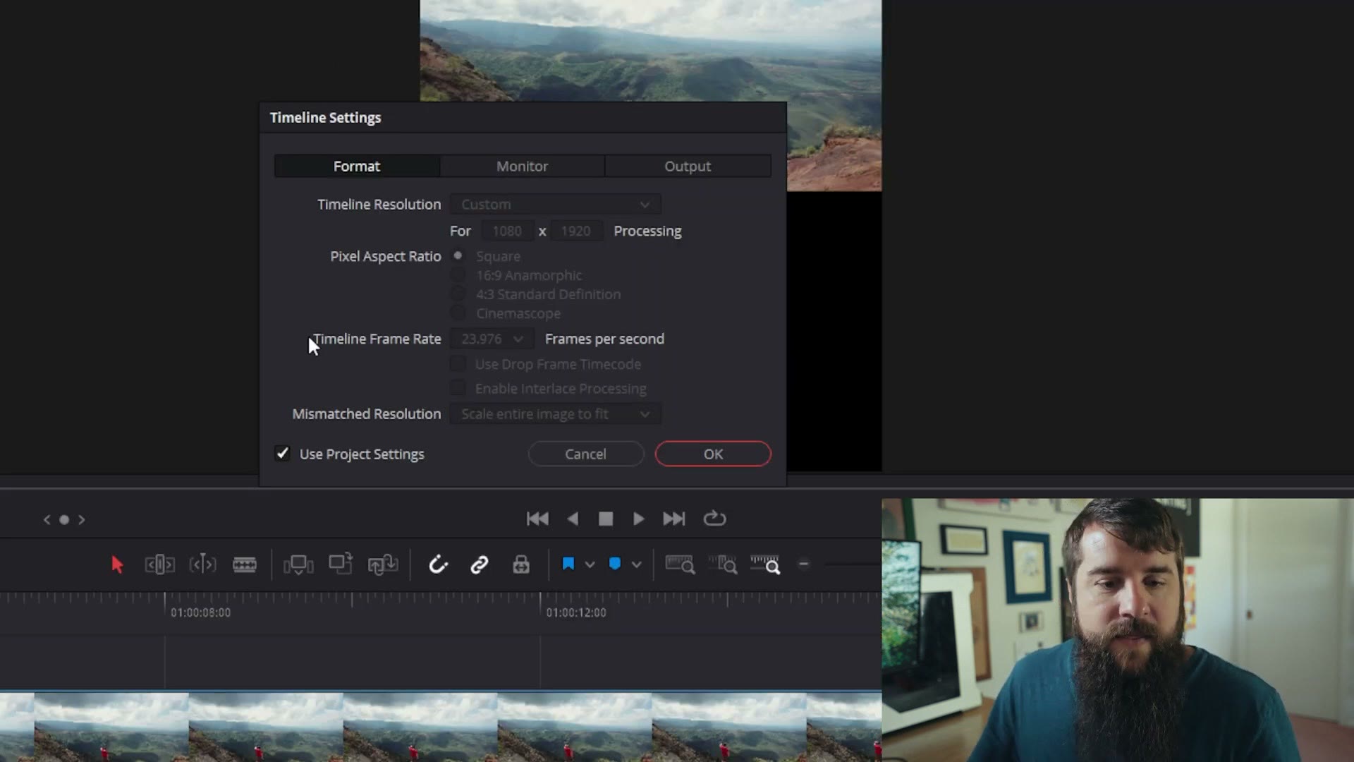 DaVinci Resolve Timeline Settings dialog with Use Project Settings unchecked