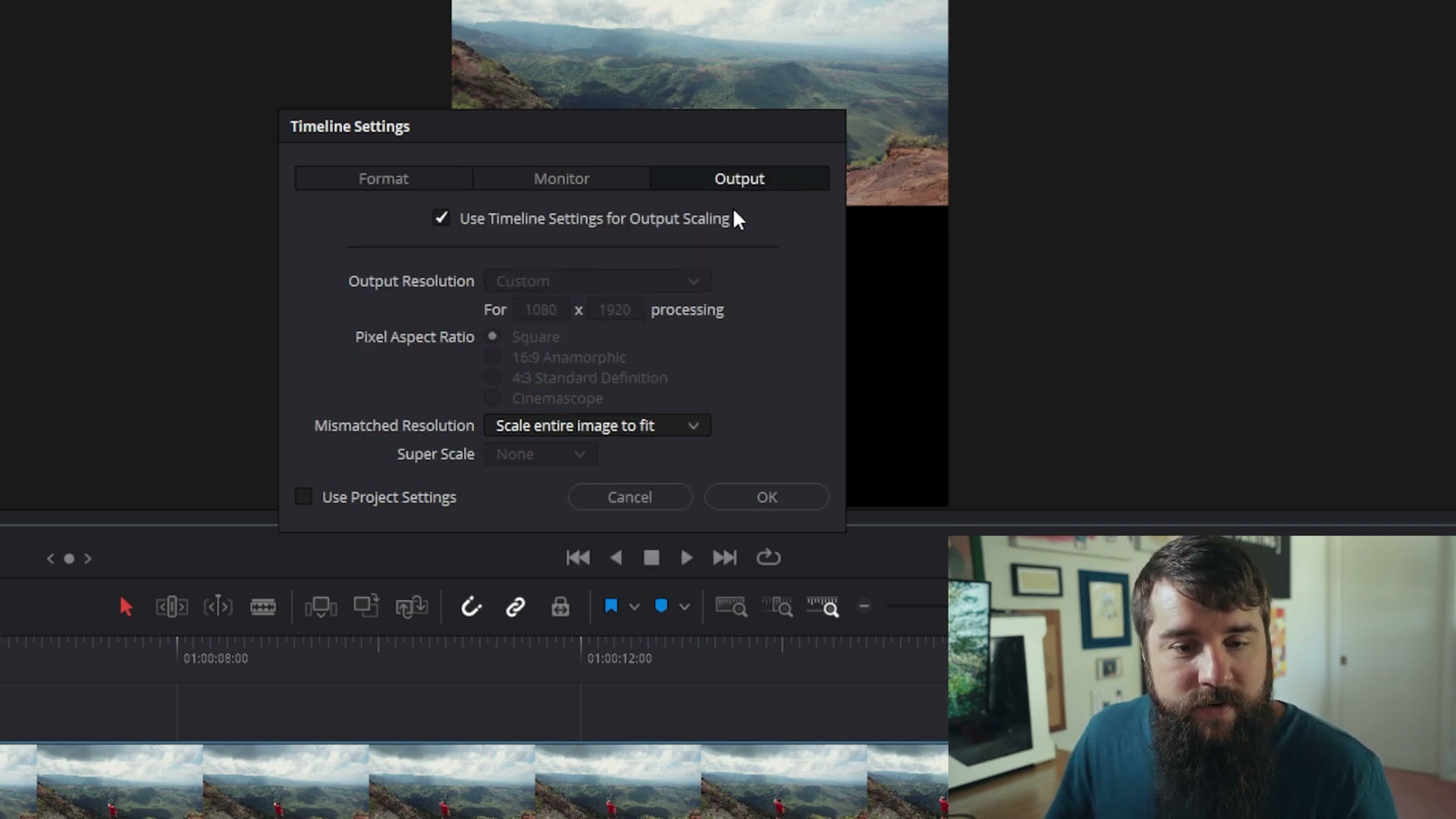 The Output tab of Timeline Settings in DaVinci Resolve showing Mismatched Resolution