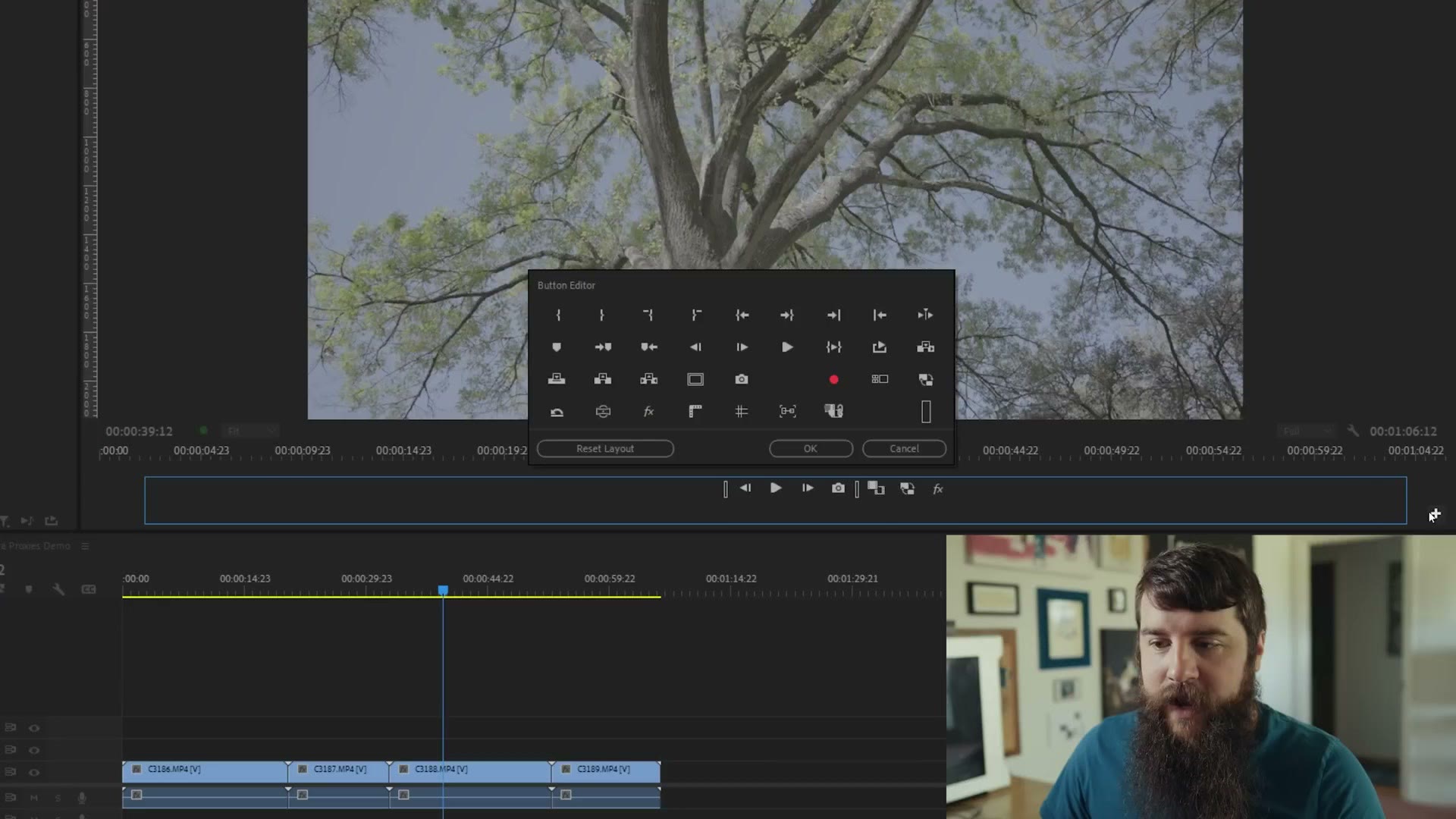 Premiere Pro button editor with the toggle proxies icon