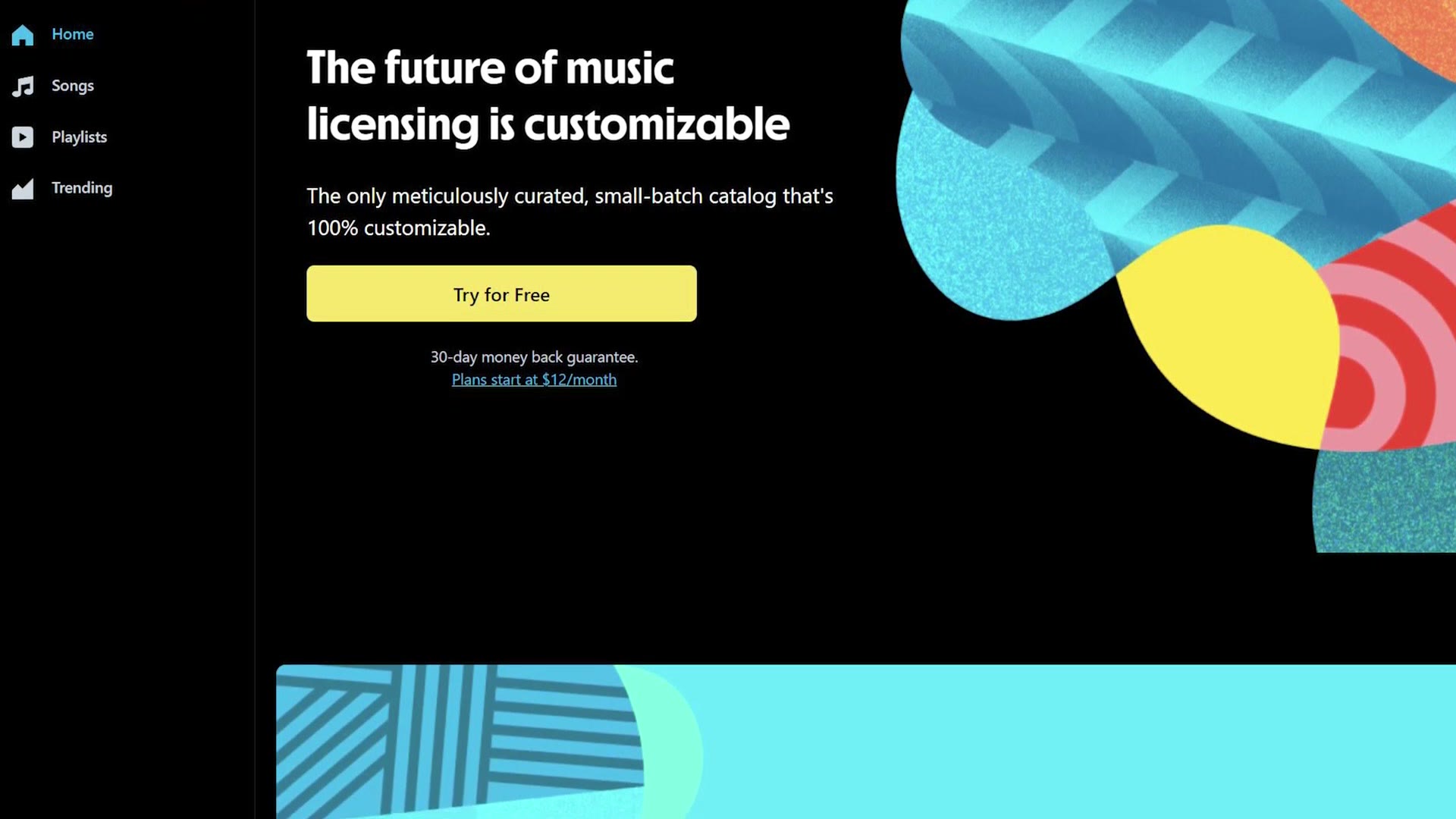 The Track Club homepage reading The future of music licensing is customizable