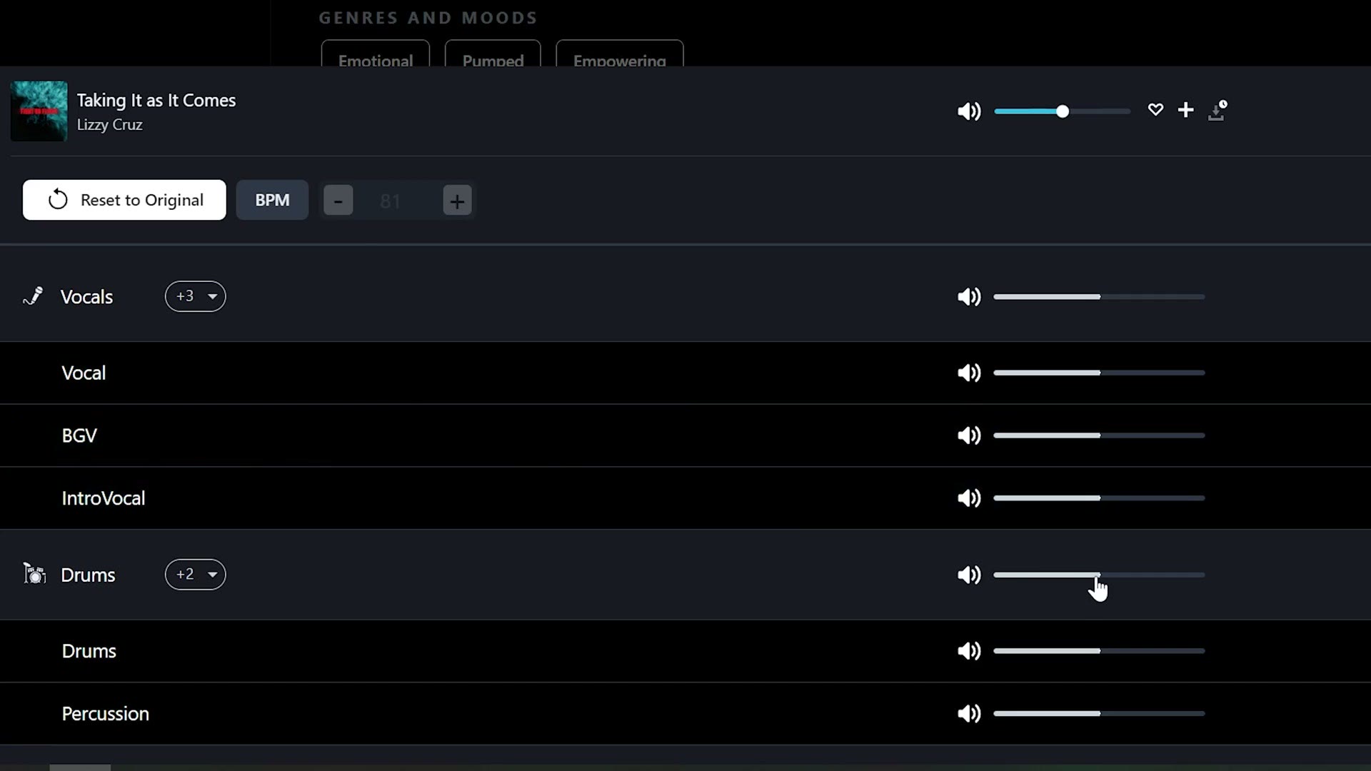 Track Club Mix Lab showing individual instrument volume sliders