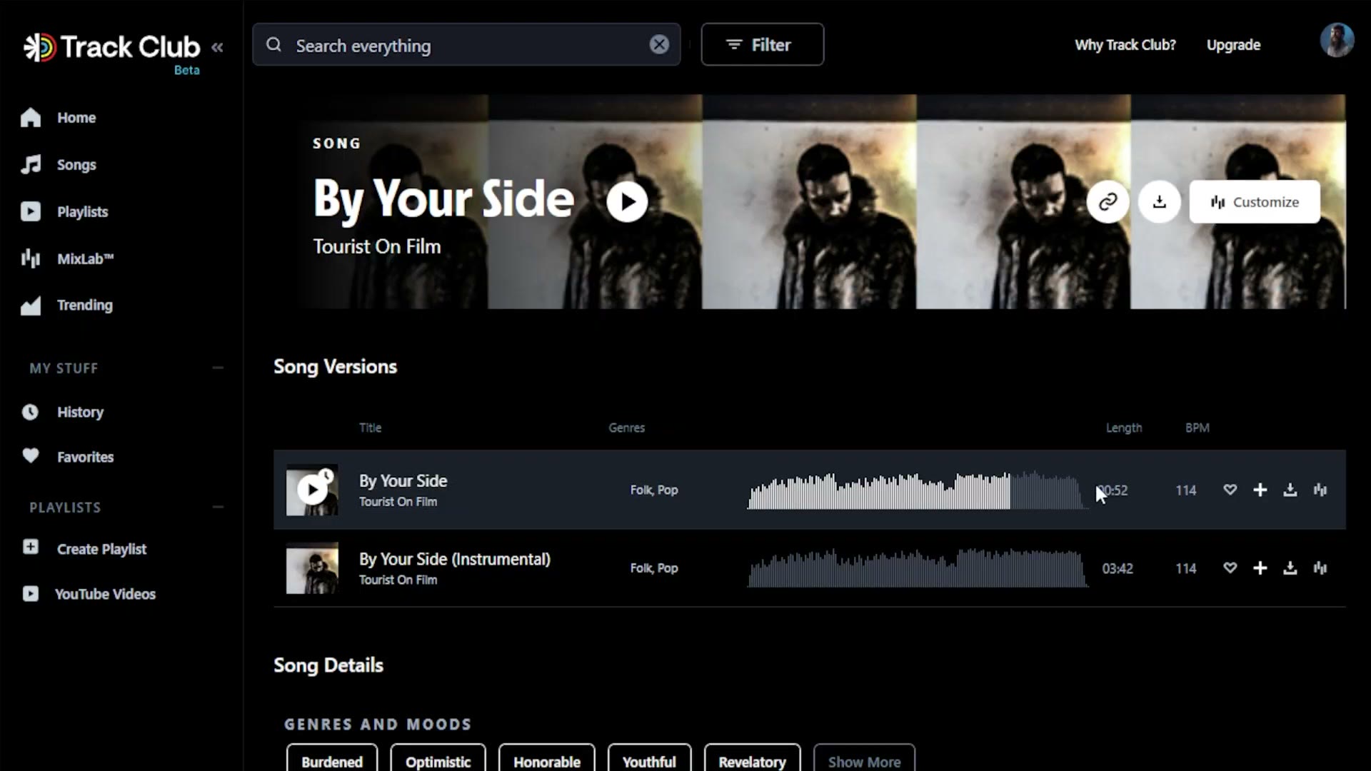 A Track Club song page for By Your Side by Tourist On Film with a MixLab button