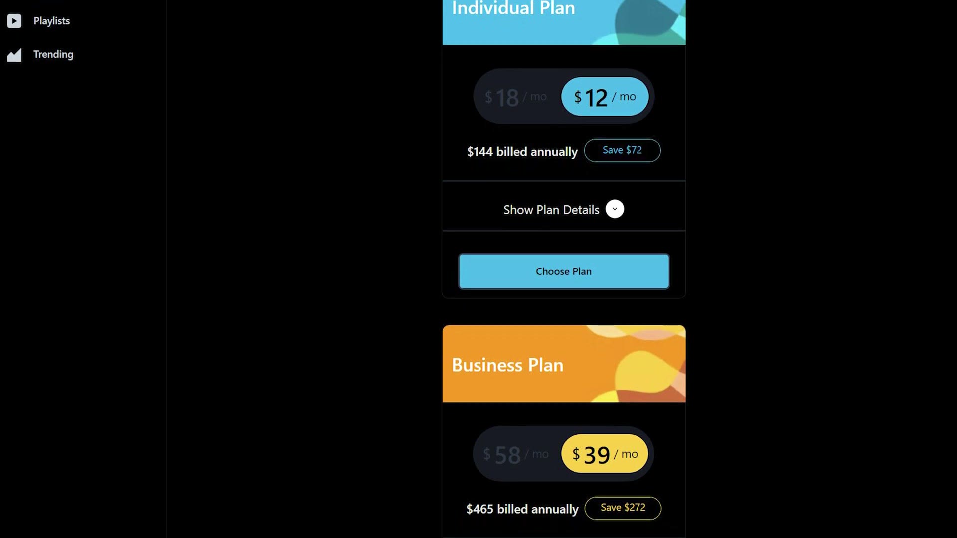 Track Club pricing showing an individual plan at $12 a month and a business plan at $39 a month, $465 billed annually