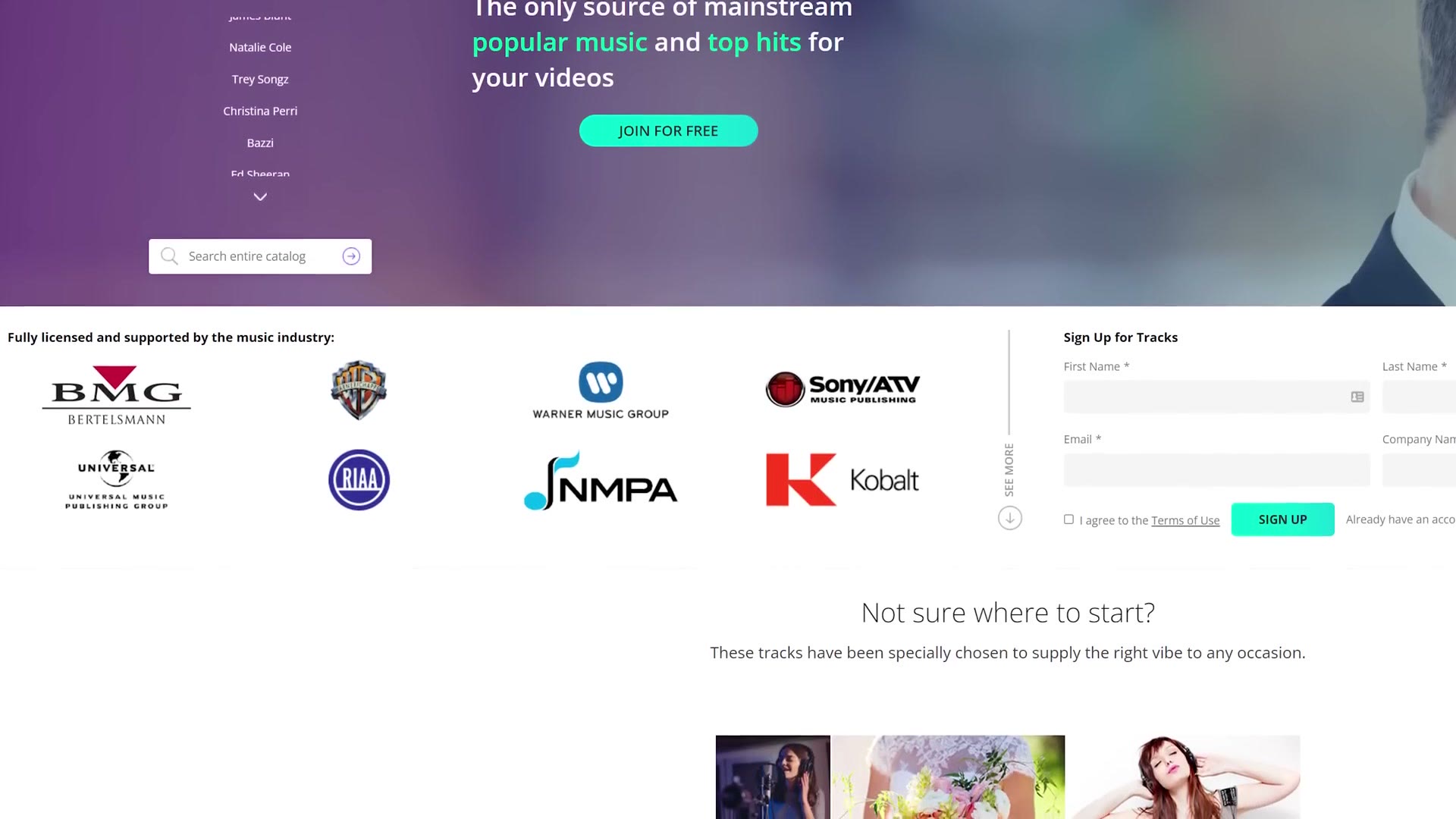 Tracks Music homepage showing major record label logos
