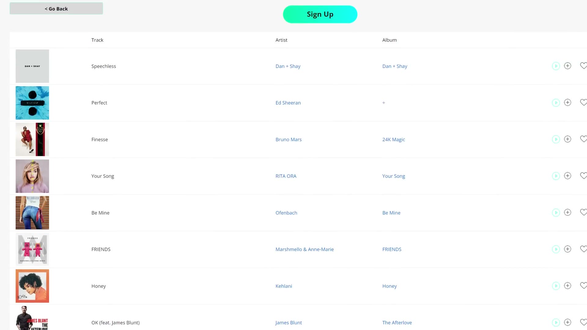 Tracks Music catalog listing top 40 songs and artists