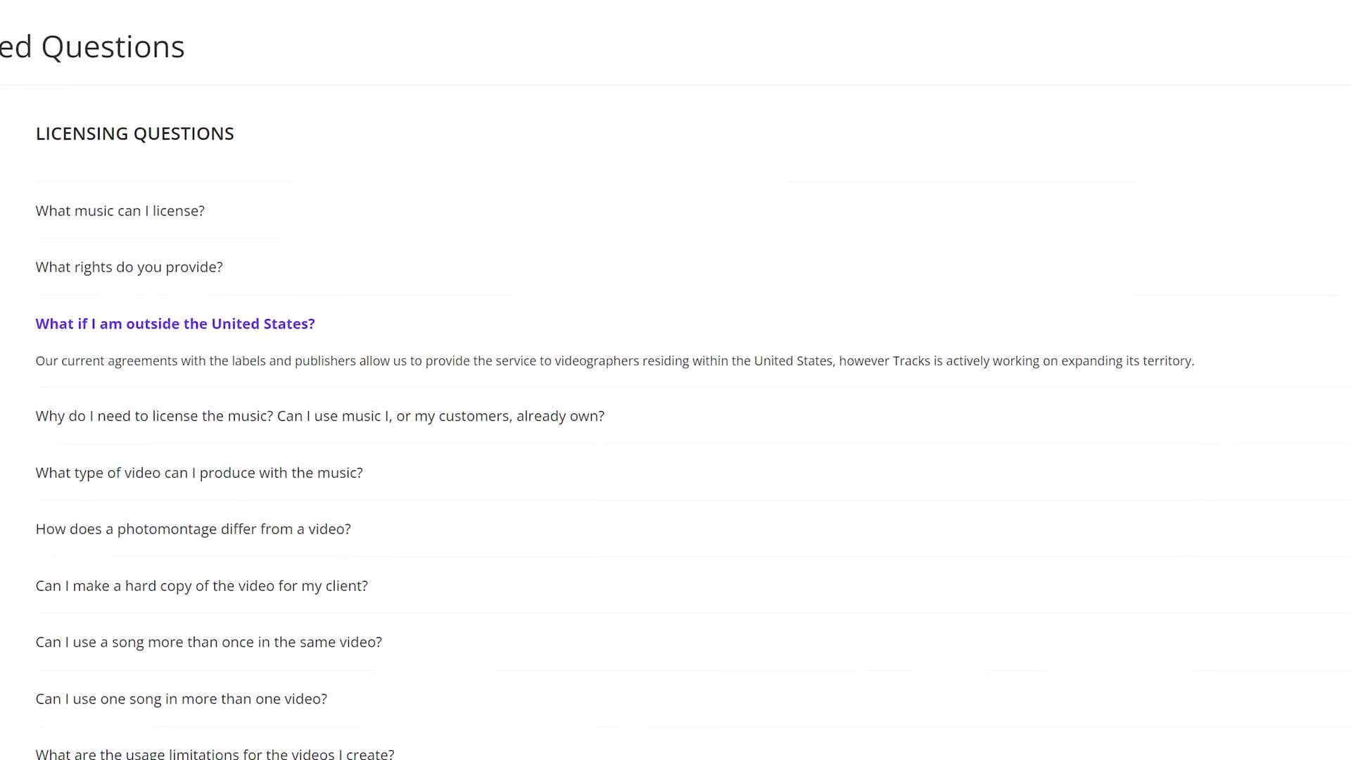 Tracks Music FAQ answering what happens if you are outside the United States