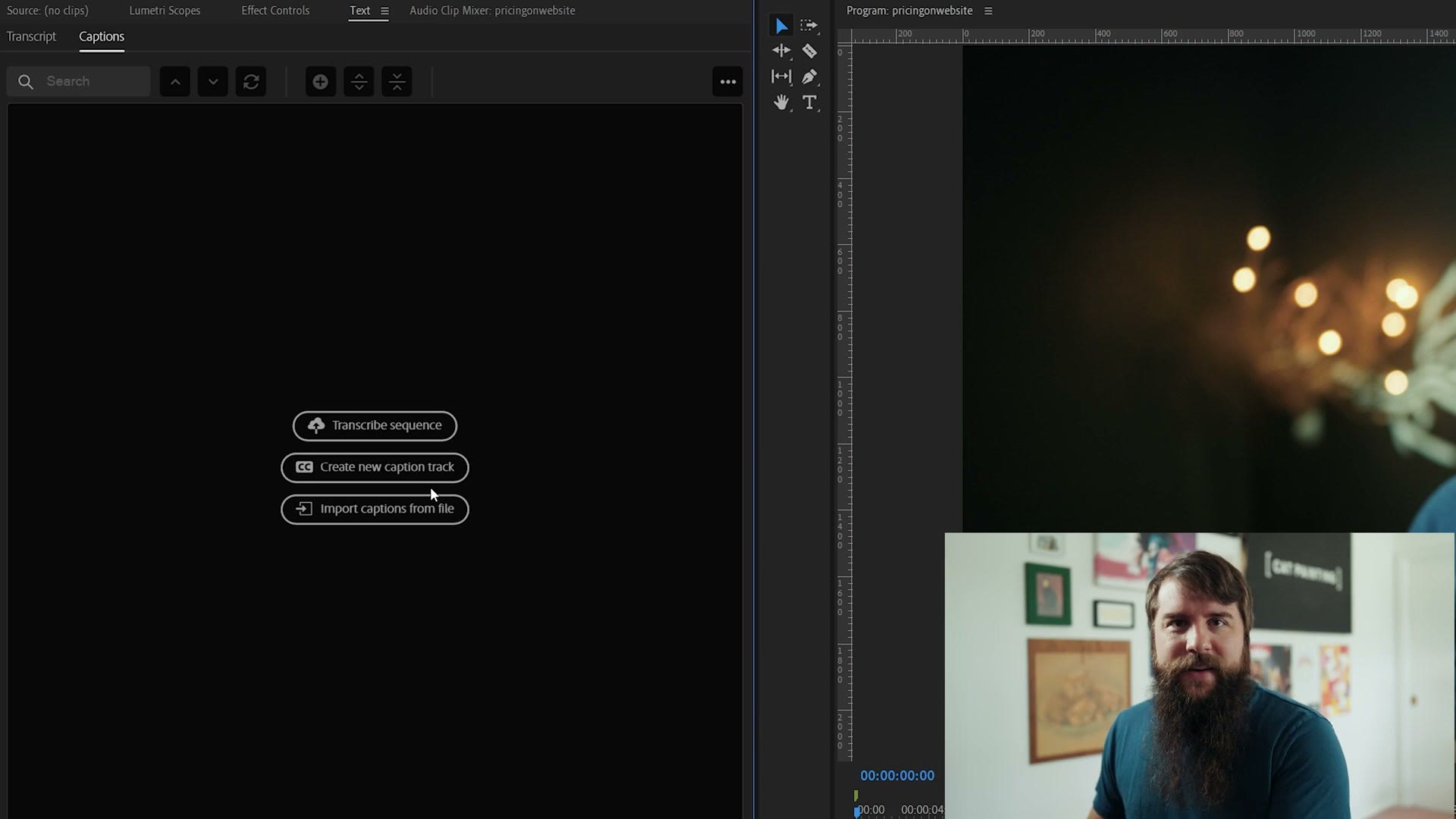 Transcribe Sequence and Create New Caption Track buttons