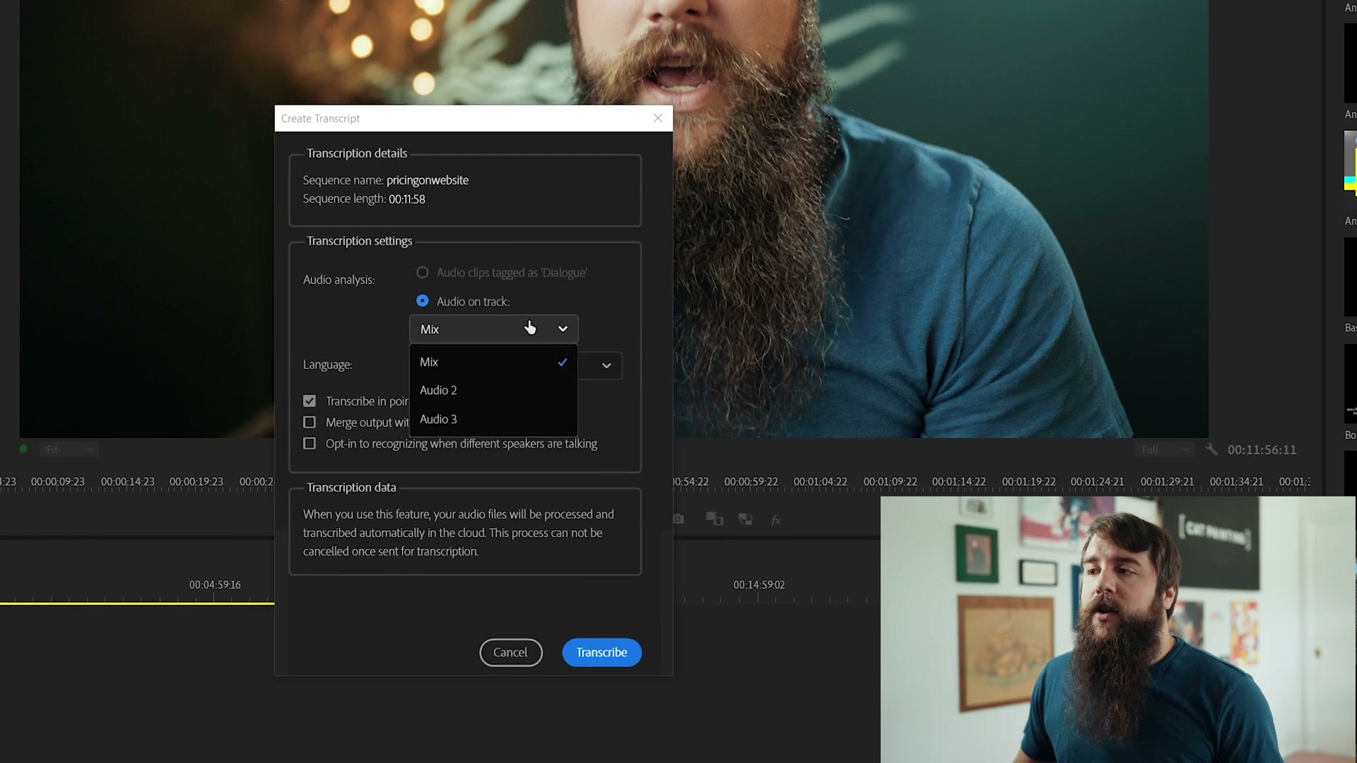 Transcription settings dialog