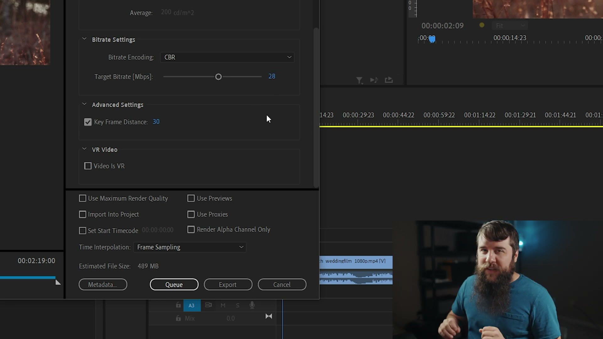 Premiere Pro export bitrate settings showing CBR encoding at a target of 28 Mbps and an estimated file size of 489 MB