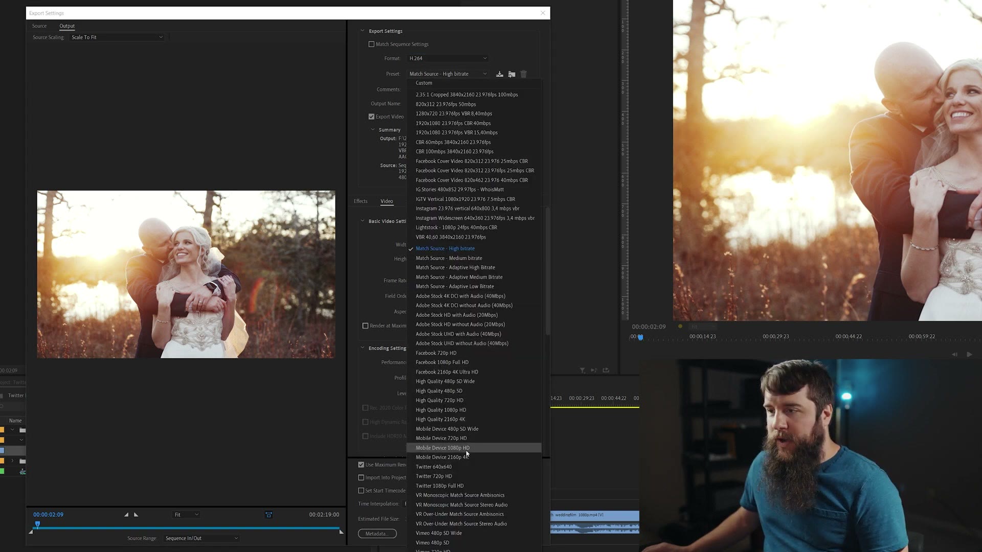 Premiere Pro export preset dropdown scrolled to the Twitter entries including Twitter 1080p Full HD