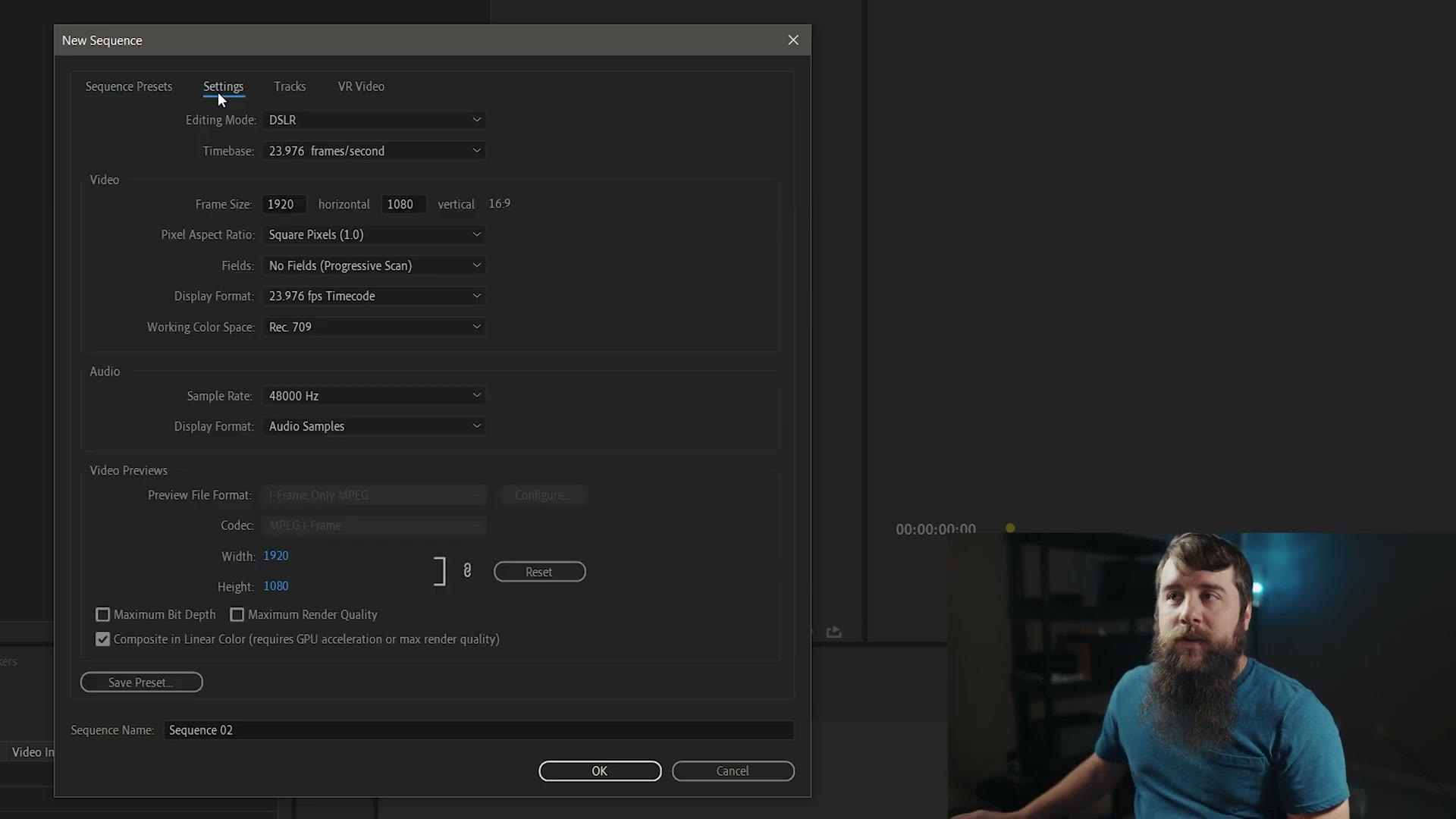 Adobe Premiere Pro New Sequence settings tab showing DSLR editing mode, 23.976 timebase and a 1920 by 1080 frame size