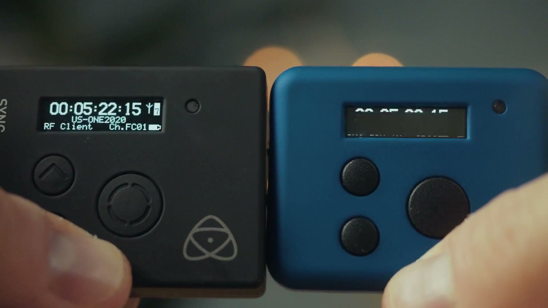 The UltraSync ONE and UltraSync BLUE held together, both showing identical timecode